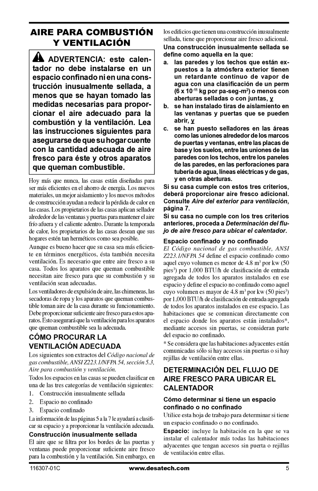 Desa VSF30PT Aire para combustión Ventilación, Cómo Procurar LA Ventilación Adecuada, Construcción inusualmente sellada 