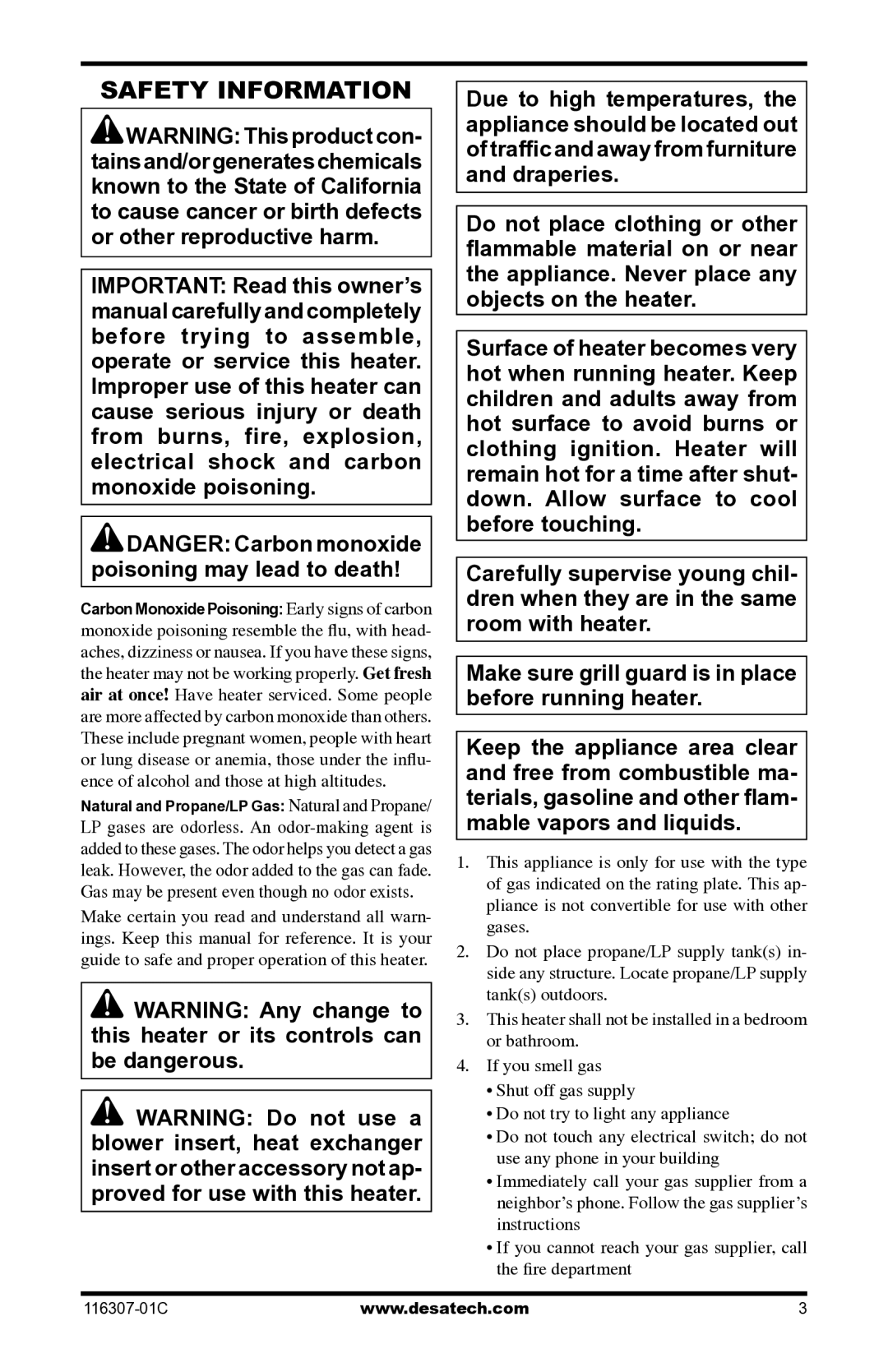 Desa VSF30PT, LSFG20NT installation manual Safety Information 