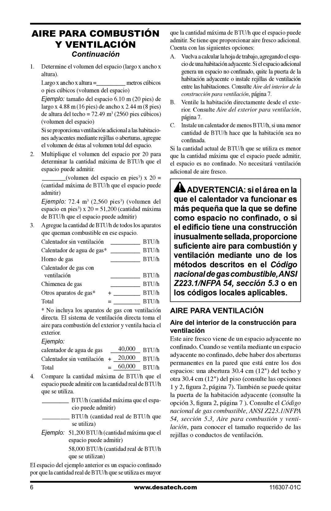 Desa LSFG20NT, VSF30PT installation manual Aire Para Combustión Ventilación, Aire Para Ventilación 