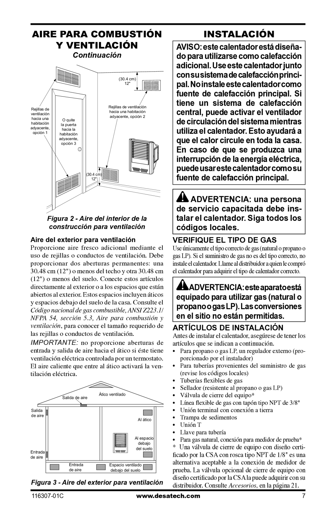 Desa VSF30PT, LSFG20NT installation manual Verifique EL Tipo DE GAS, Artículos DE Instalación 