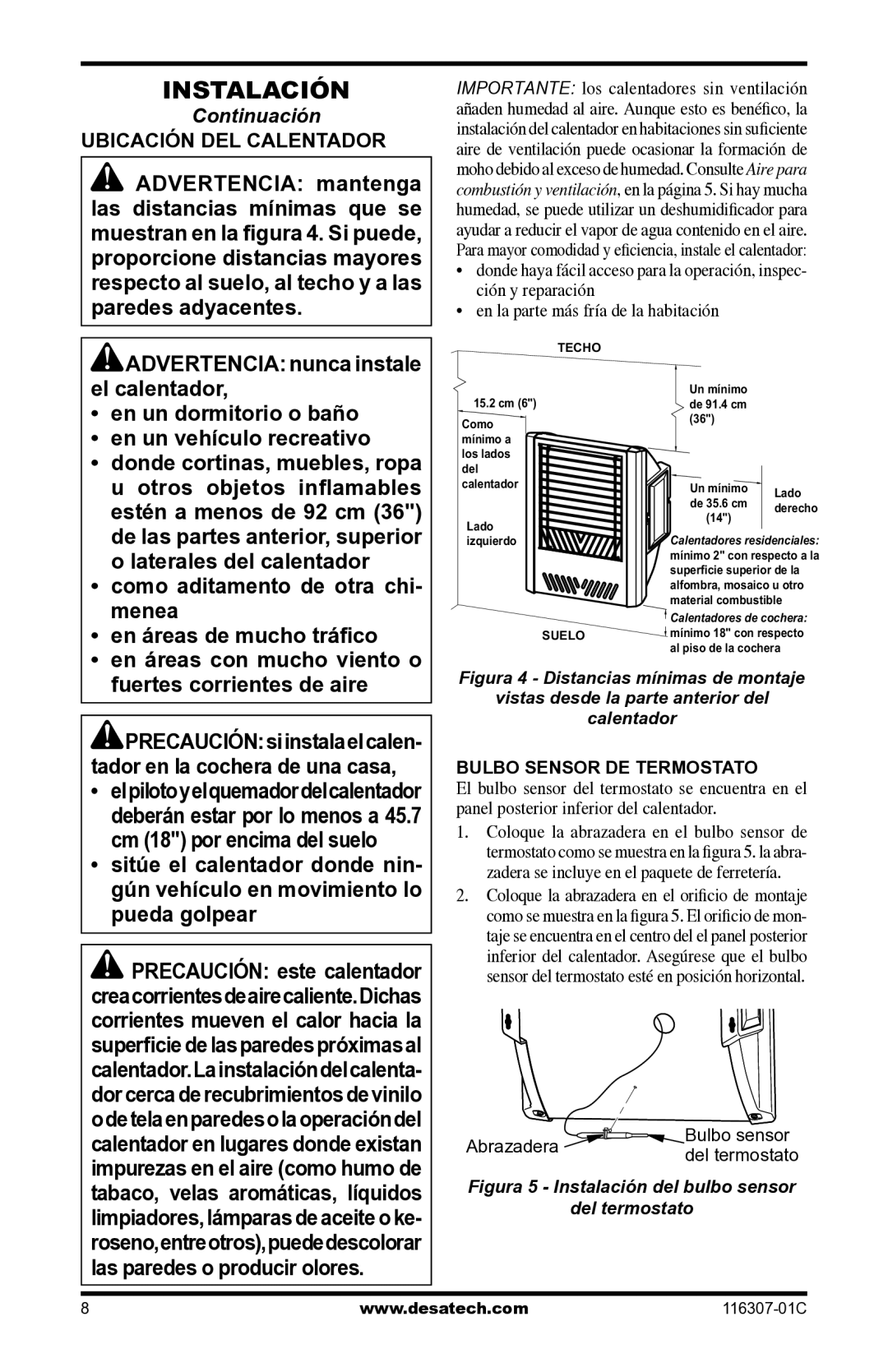 Desa LSFG20NT, VSF30PT Ubicación DEL Calentador, Donde cortinas, muebles, ropa, De las partes anterior, superior 