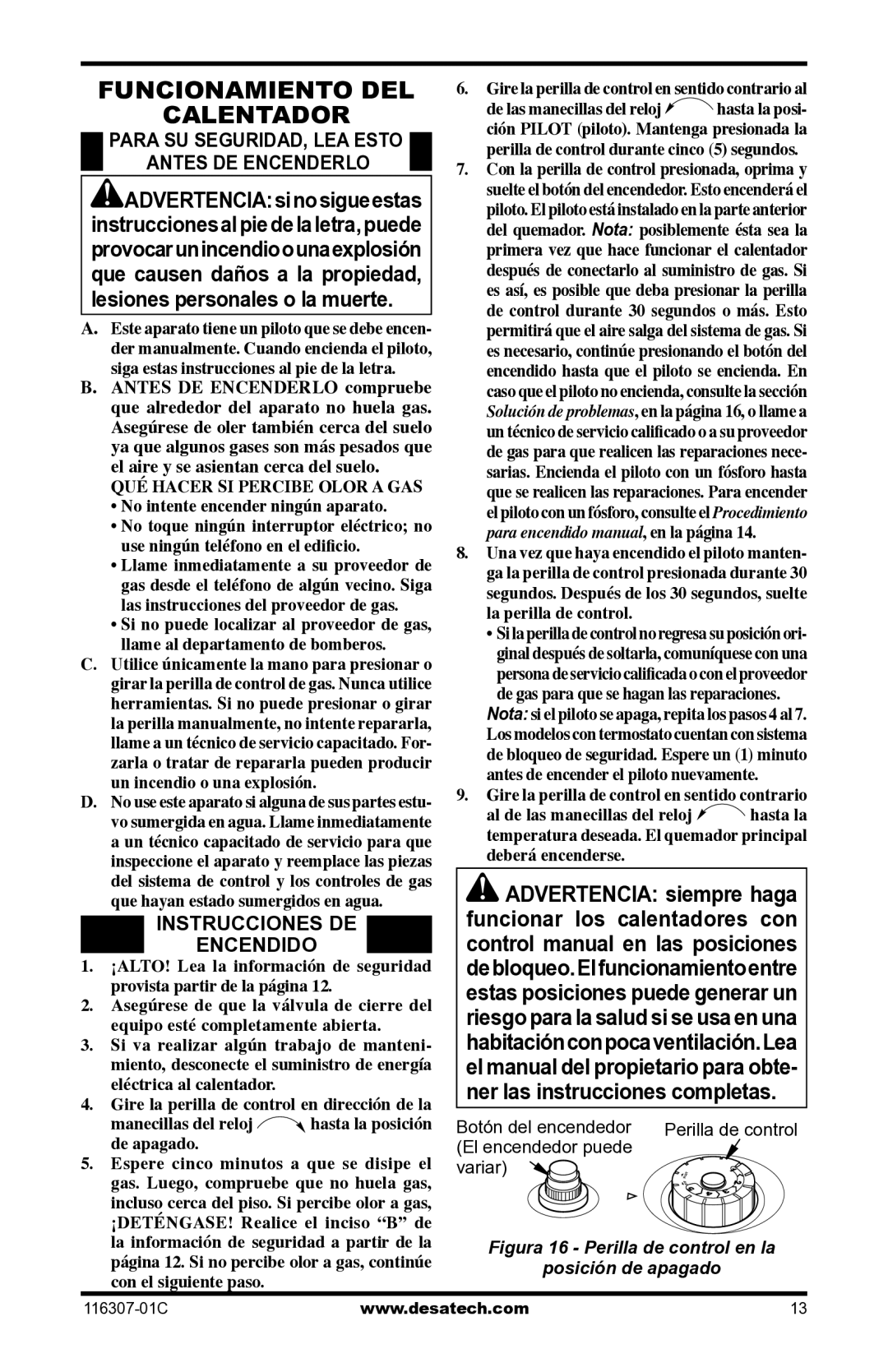 Desa VSF30PT, LSFG20NT installation manual Funcionamiento del Calentador, Instrucciones DE Encendido 