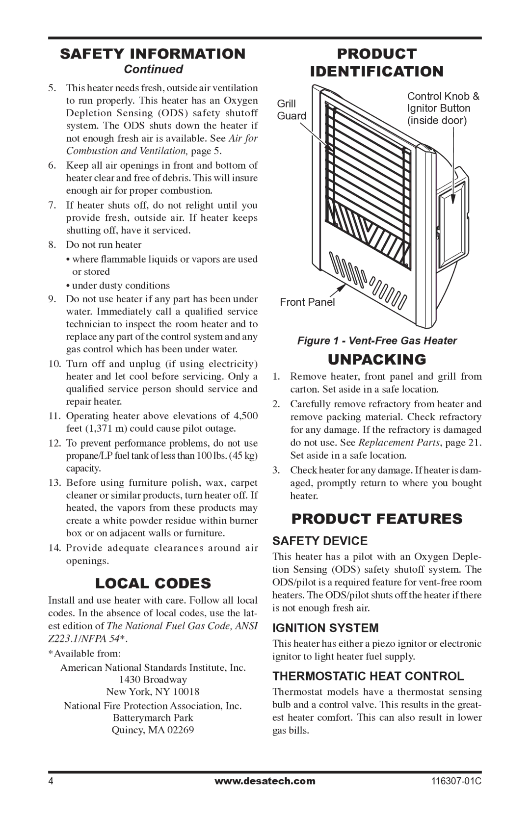 Desa LSFG20NT, VSF30PT Safety Information, Local Codes, Product Identification, Unpacking, Product Features 