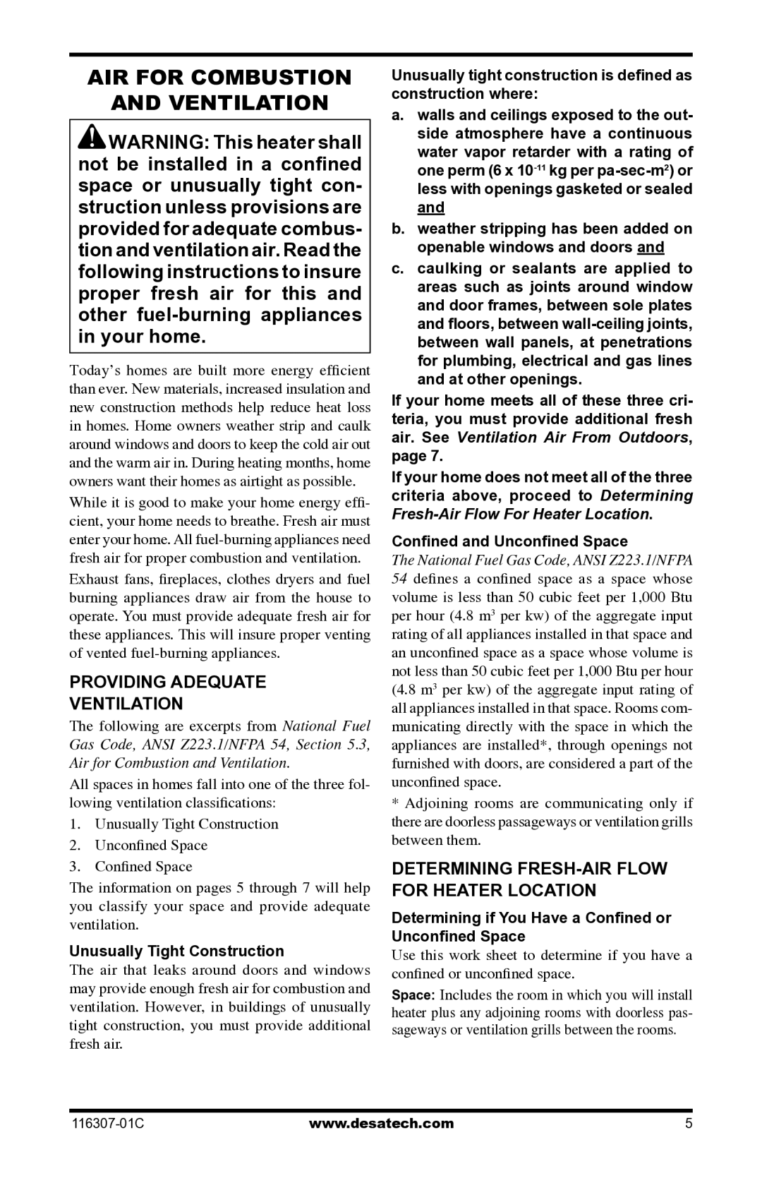 Desa VSF30PT, LSFG20NT installation manual Air For Combustion Ventilation, Providing Adequate Ventilation 