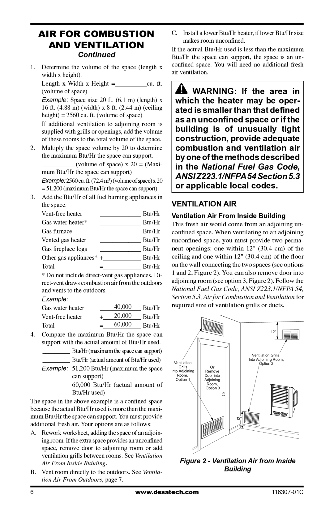 Desa LSFG20NT, VSF30PT AIR for Combustion Ventilation, Ventilation AIR, Ventilation Air From Inside Building 