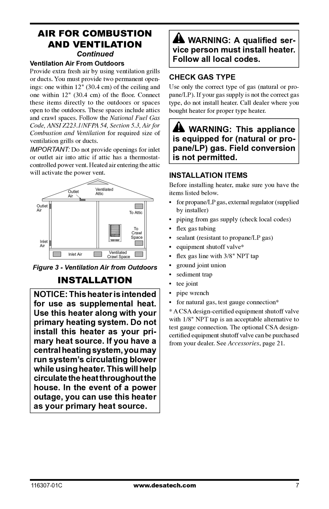 Desa VSF30PT, LSFG20NT installation manual Check GAS Type, Installation Items, Ventilation Air From Outdoors 