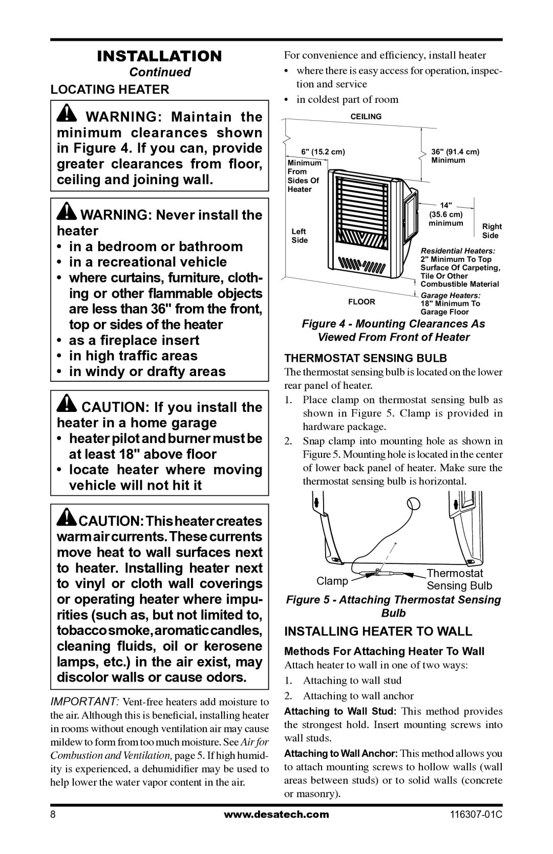 Desa LSFG20NT, VSF30PT installation manual Locating Heater, Installing Heater to Wall 