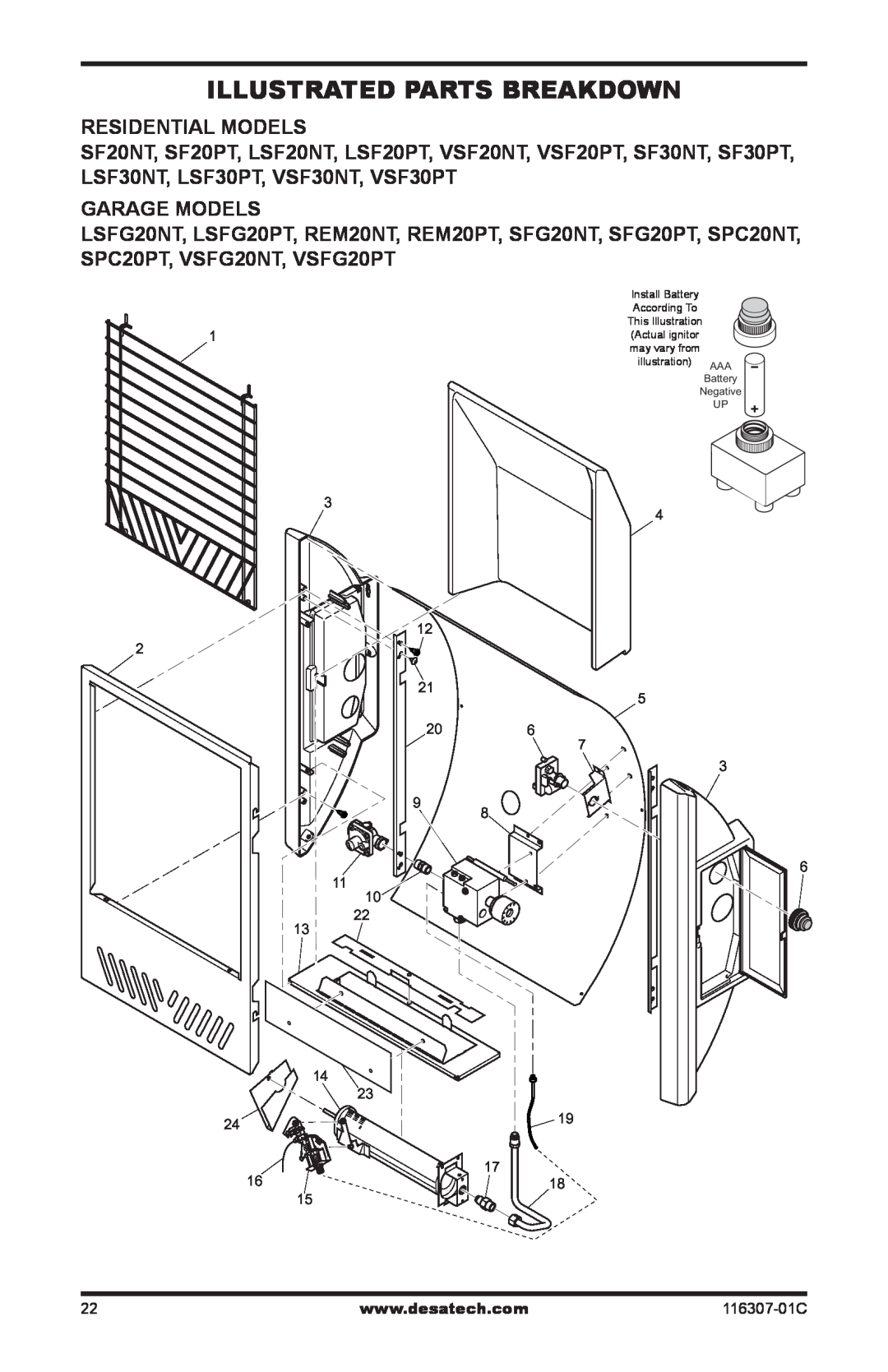 Desa LSFG20NT, VSF30PT installation manual Illustrated Parts Breakdown, Residential Models, Garage Models 