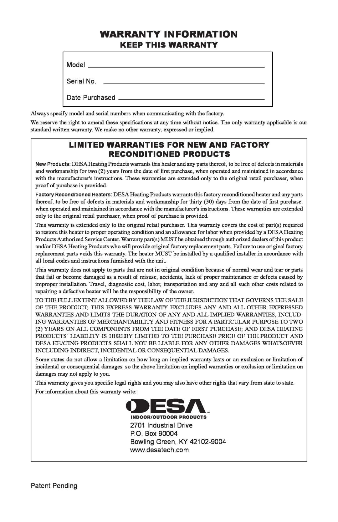Desa LSFG20NT Warranty Information, Keep This Warranty, Limited Warranties For New And Factory, Reconditioned Products 