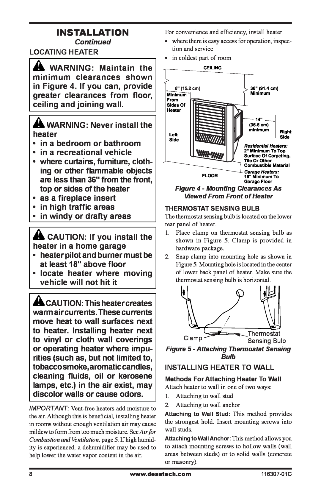 Desa LSFG20NT, VSF30PT installation manual Installation, WARNING: Never install the heater 