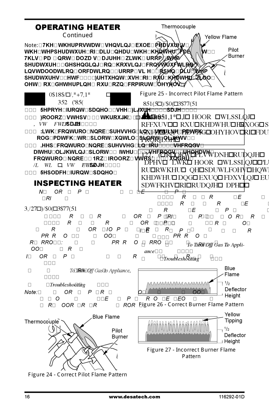 Desa VSL18NT, VSL18PT Inspecting Heater, Manual Lighting Procedure, Burner Flame Pattern, Pilot Flame Pattern 