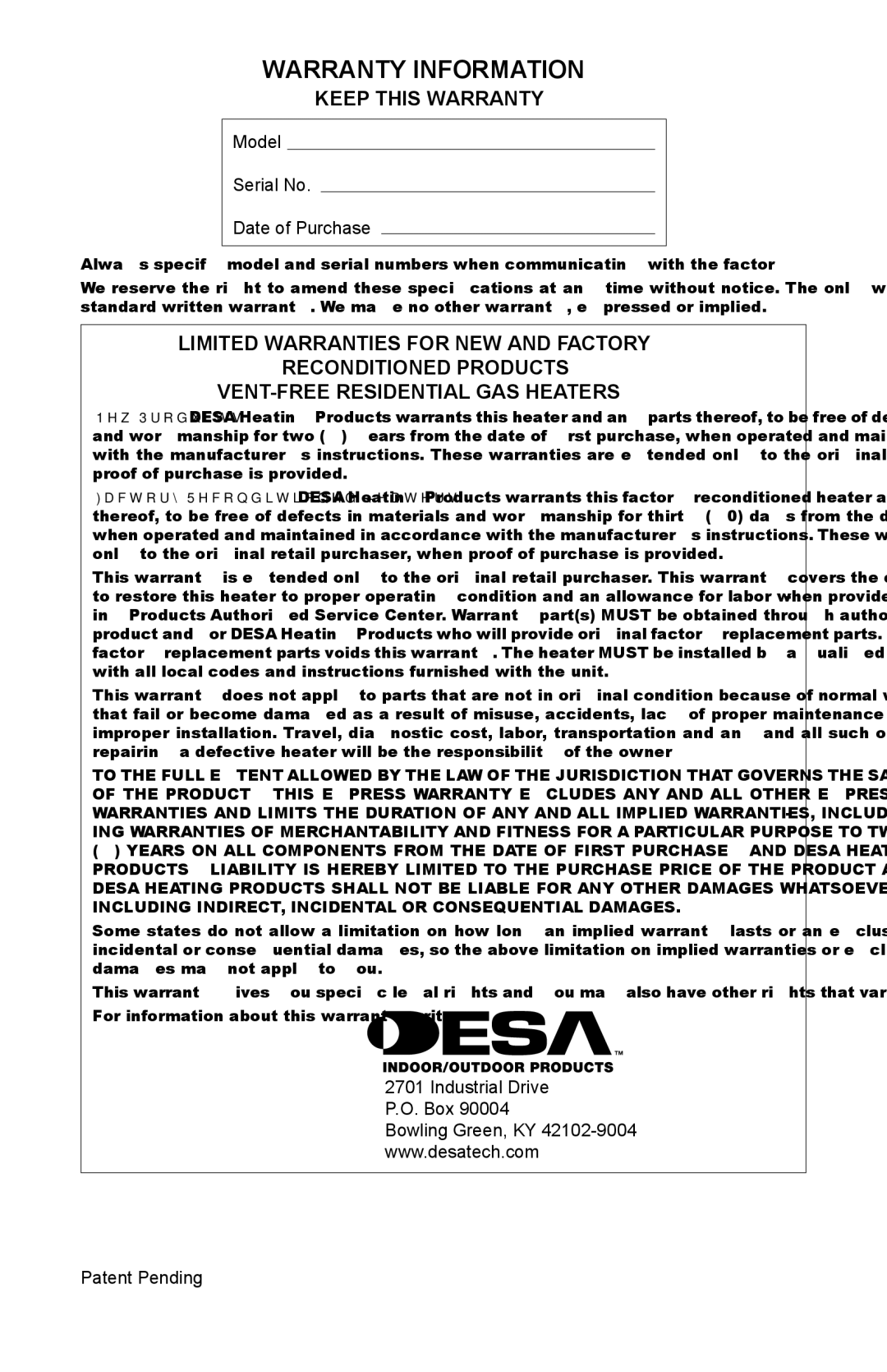 Desa LSL18NT, LSL18PT, SL18NT, SL18PT, VSL18NT, VSL18PT installation manual Warranty Information, Keep this Warranty 