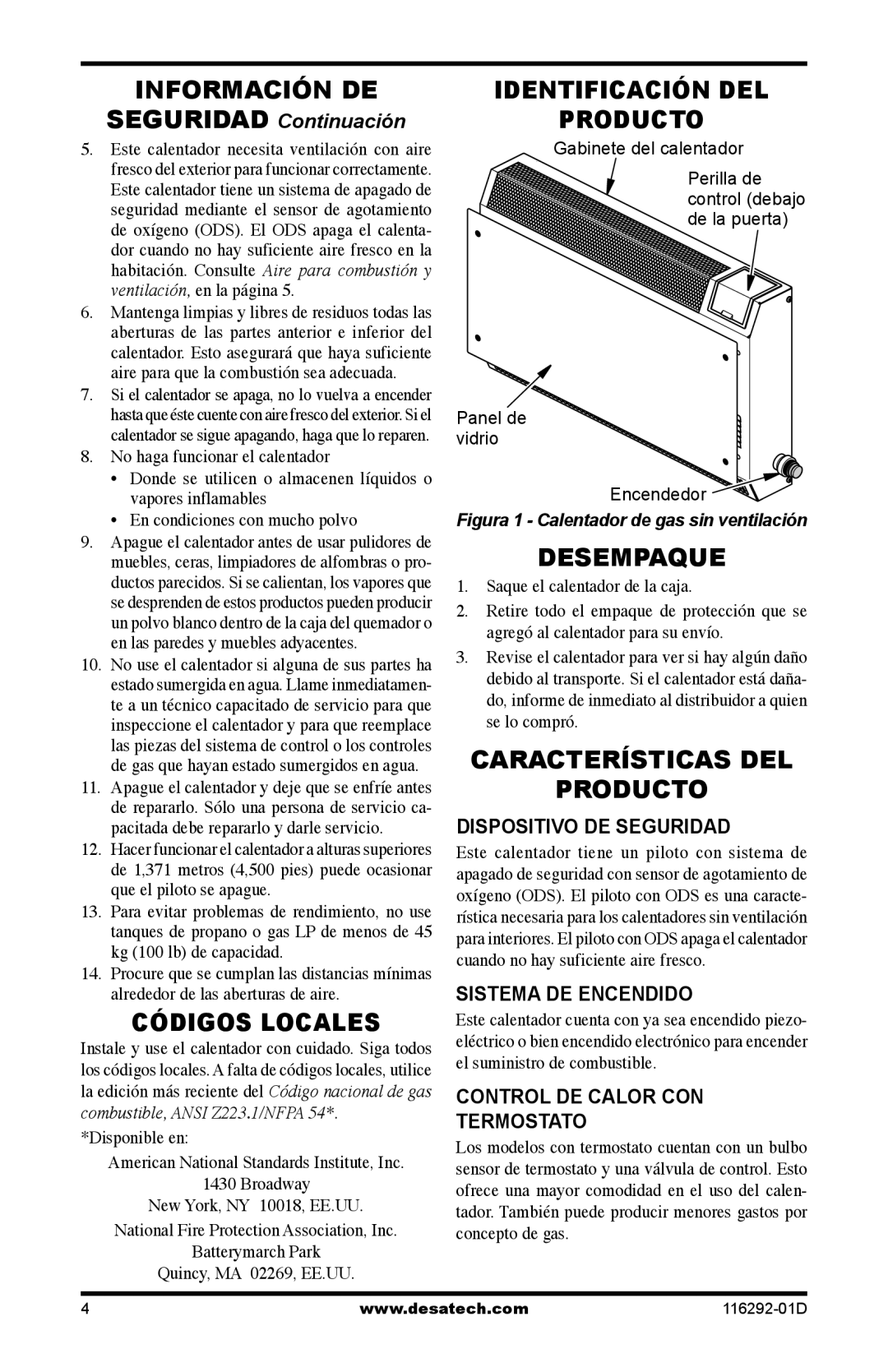 Desa VSL18NT, VSL18PT installation manual Información DE, Códigos Locales, Desempaque, Características DEL Producto 