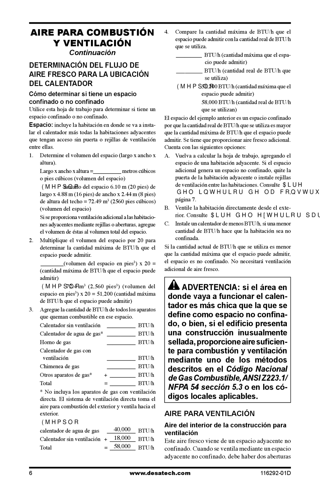 Desa VSL18NT, VSL18PT installation manual Aire Para Ventilación, Aire del interior de la construcción para ventilación 