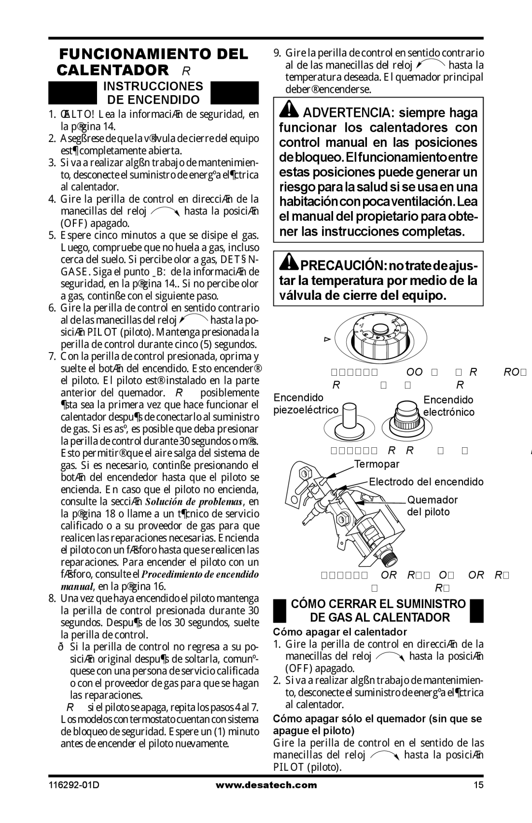 Desa LSL18NT, LSL18PT, SL18NT, SL18PT, VSL18NT, VSL18PT Funcionamiento DEL, Instrucciones DE Encendido, Apague el piloto 