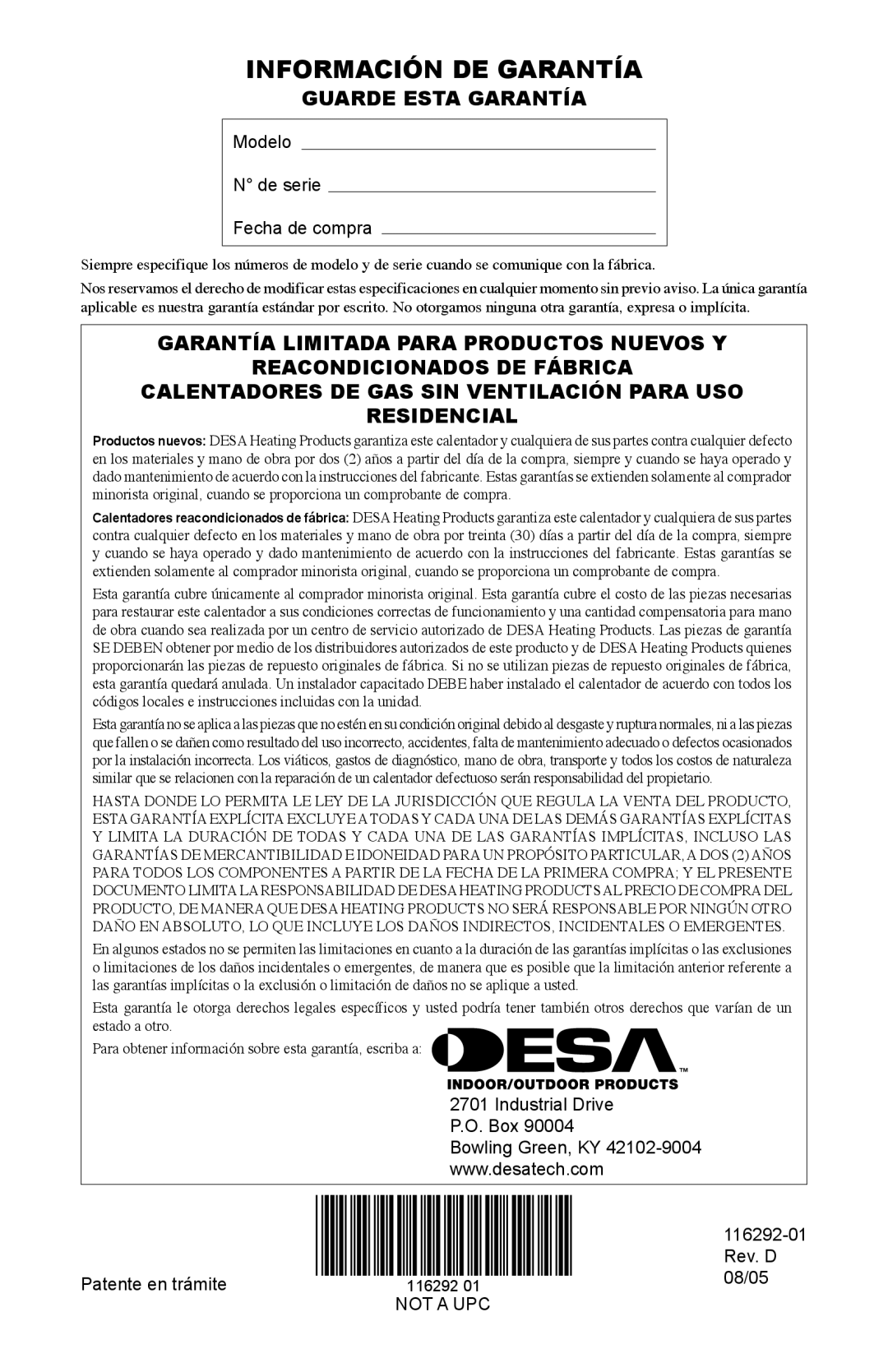 Desa LSL18NT, LSL18PT, SL18NT, SL18PT, VSL18NT, VSL18PT Información DE Garantía, Guarde Esta Garantía 