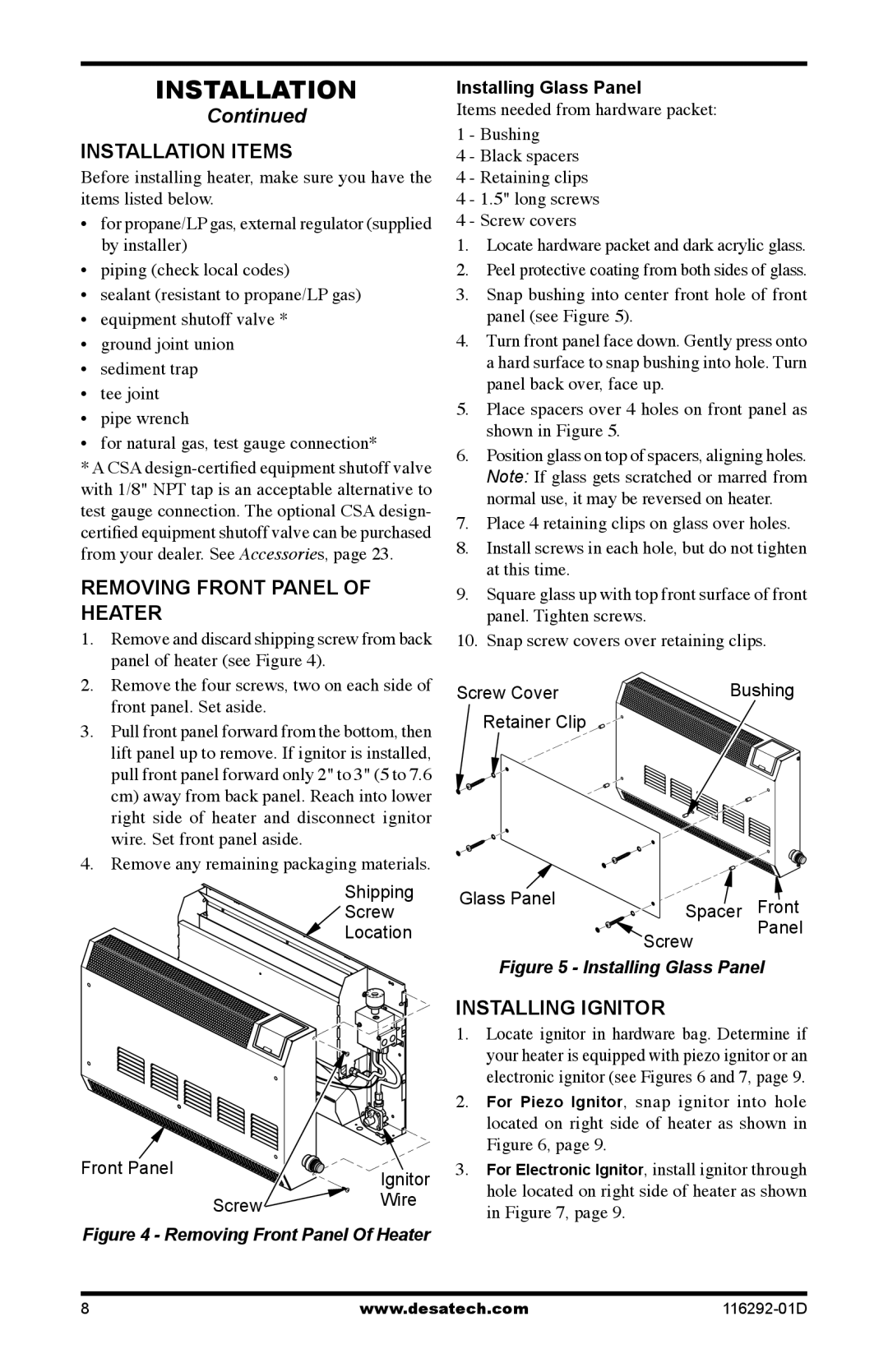 Desa VSL18NT, VSL18PT Installation Items, Removing Front Panel of Heater, Installing Ignitor, Installing Glass Panel 