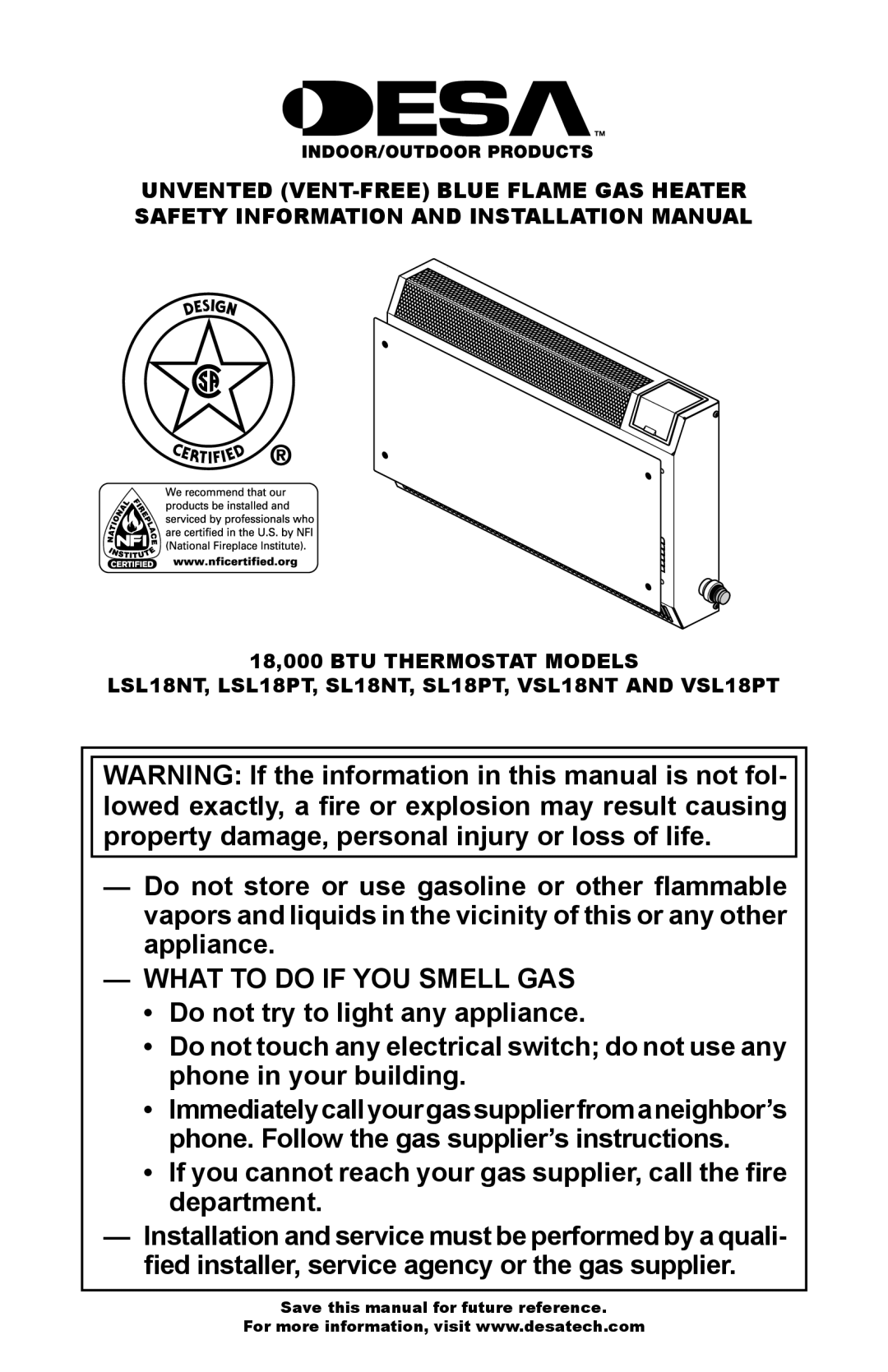 Desa LSL18NT, LSL18PT, VSL18PT, VSL18NT installation manual What to do if YOU Smell GAS 