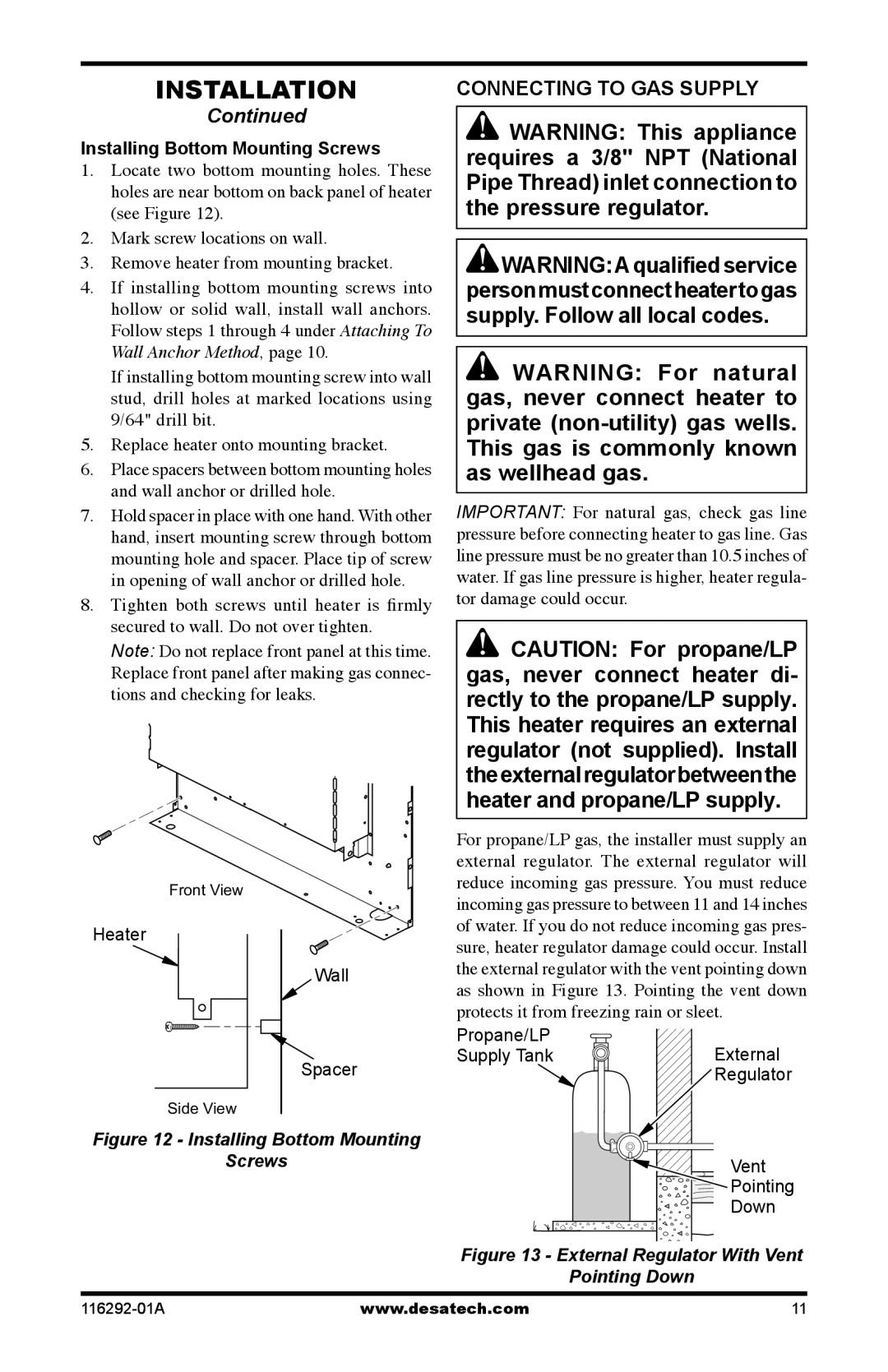 Desa VSL18NT Connecting to GAS Supply, Installing Bottom Mounting Screws, Important For natural gas, check gas line 