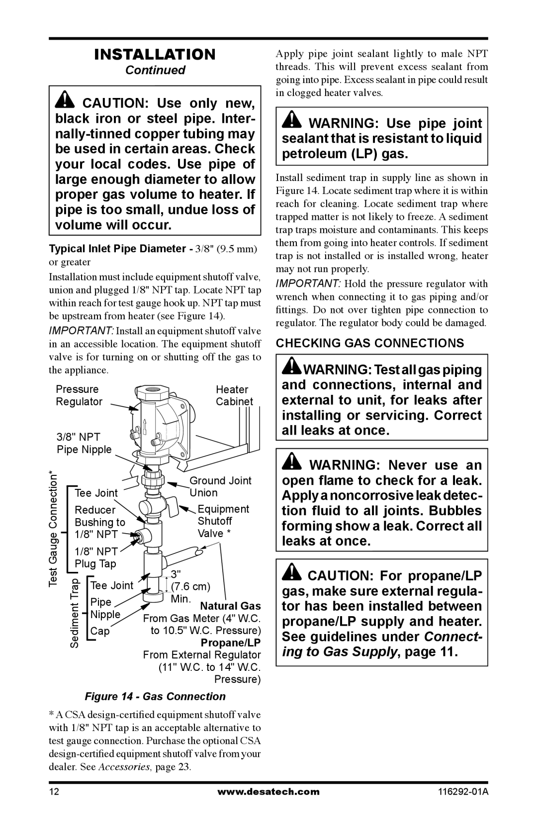 Desa LSL18PT, LSL18NT, VSL18PT, VSL18NT installation manual Checking GAS Connections, Min. Natural Gas, Propane/LP 