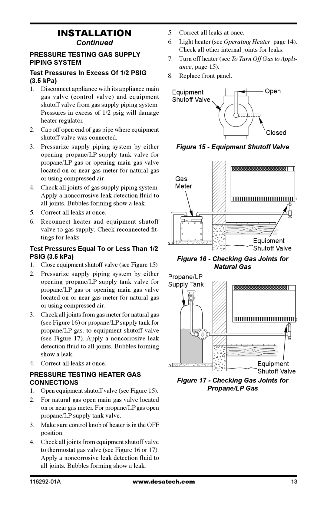 Desa LSL18NT, LSL18PT Test Pressures In Excess Of 1/2 Psig 3.5 kPa, Test Pressures Equal To or Less Than 1/2 Psig 3.5 kPa 