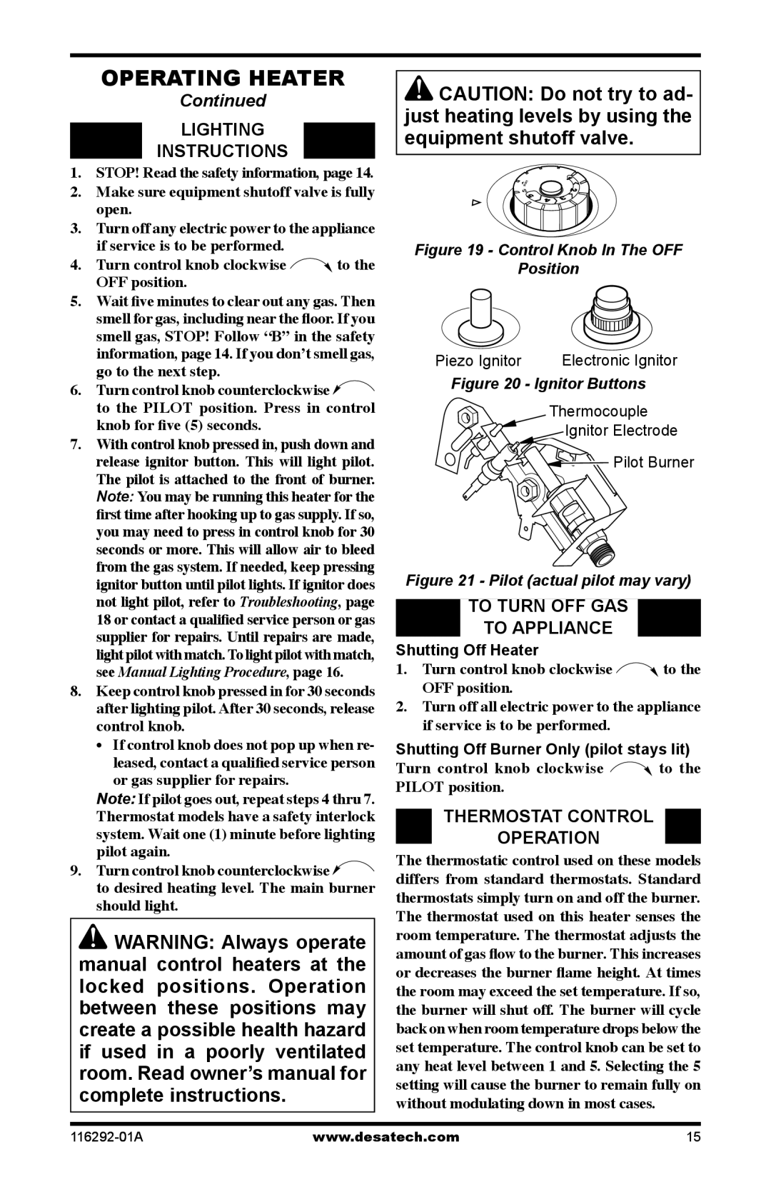 Desa SL18NT, SL18PT Lighting Instructions, To Turn OFF GAS To Appliance, Thermostat Control Operation, Shutting Off Heater 