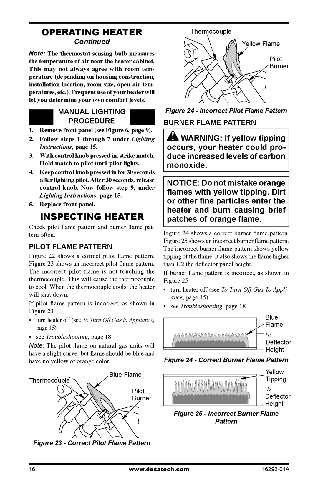 Desa VSL18PT, LSL18PT, LSL18NT Inspecting Heater, Manual Lighting Procedure, Burner Flame Pattern, Pilot Flame Pattern 