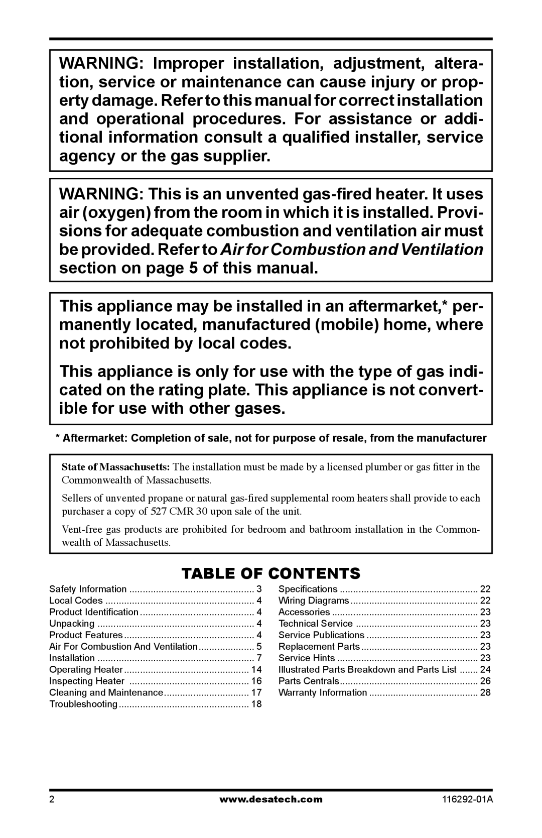 Desa LSL18PT, LSL18NT, VSL18PT, VSL18NT installation manual Table of Contents 