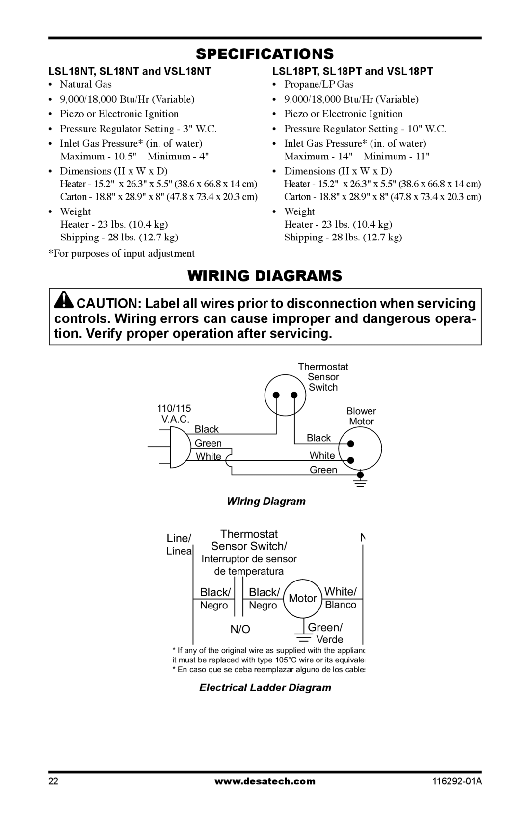 Desa installation manual Specifications, Wiring Diagrams, LSL18NT, SL18NT and VSL18NT LSL18PT, SL18PT and VSL18PT 