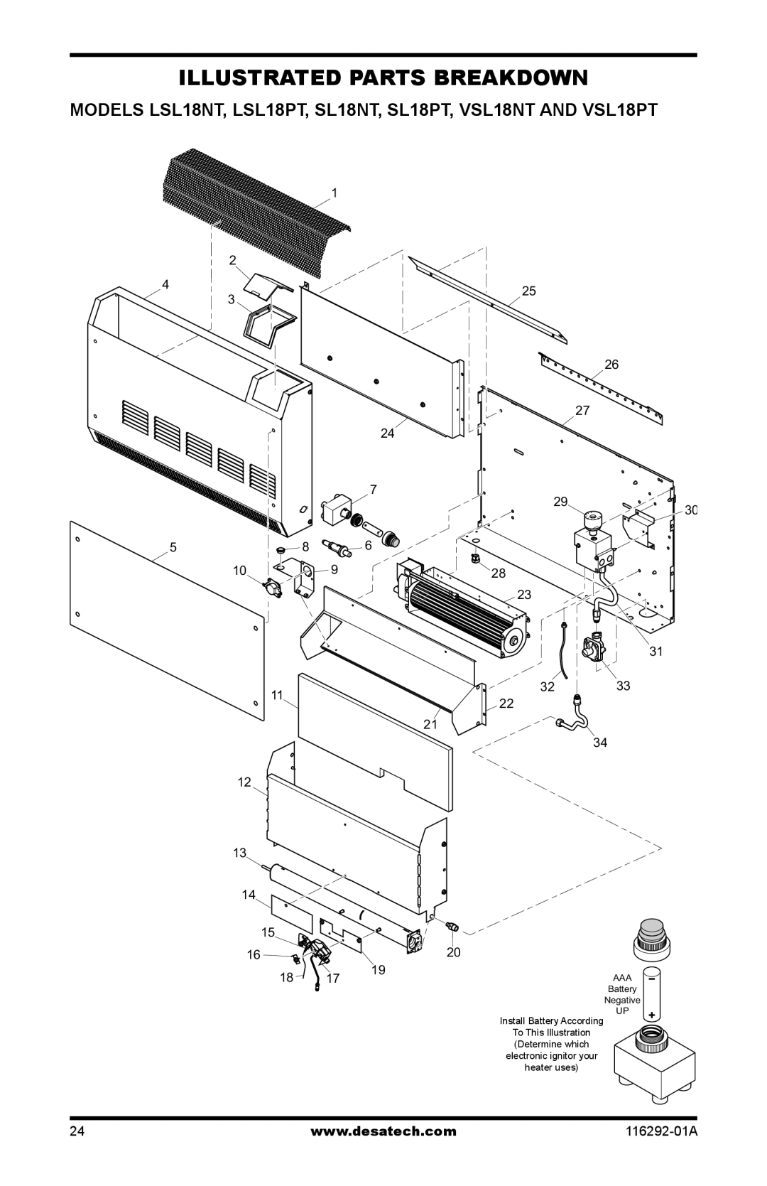 Desa installation manual Illustrated Parts Breakdown, Models LSL18NT, LSL18PT, SL18NT, SL18PT, VSL18NT and VSL18PT 