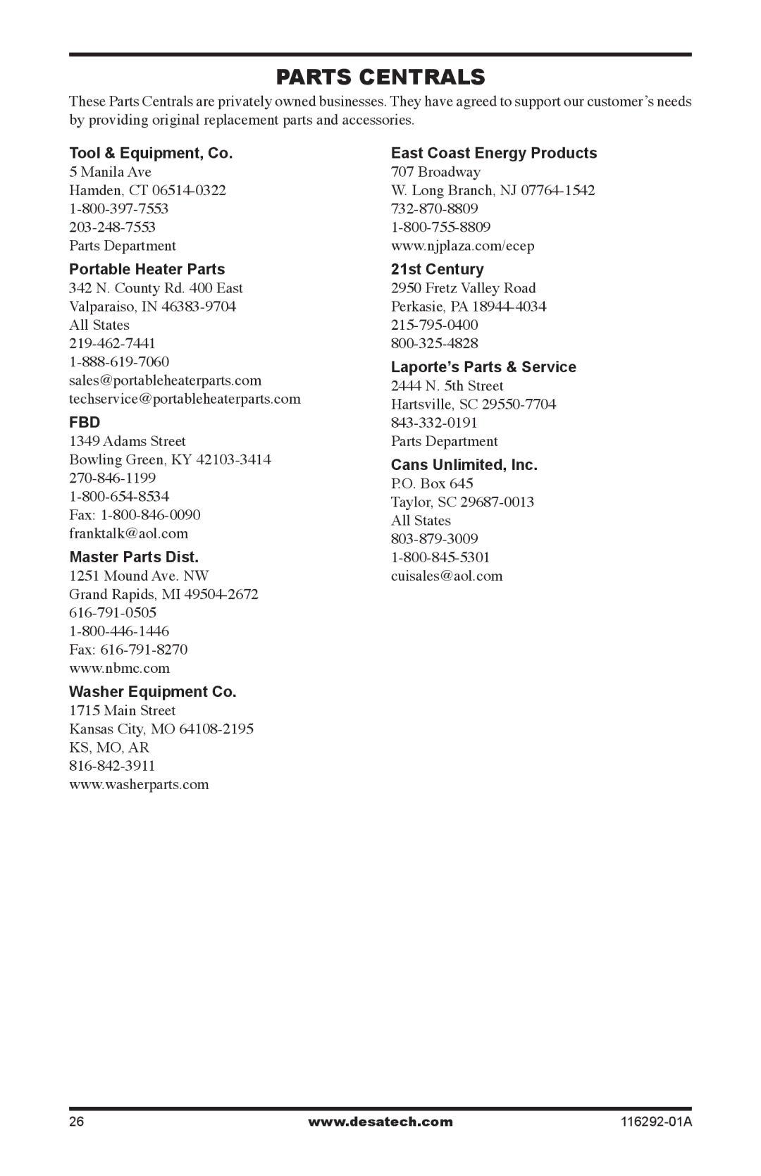 Desa LSL18PT, LSL18NT, VSL18PT, VSL18NT installation manual Parts Centrals 