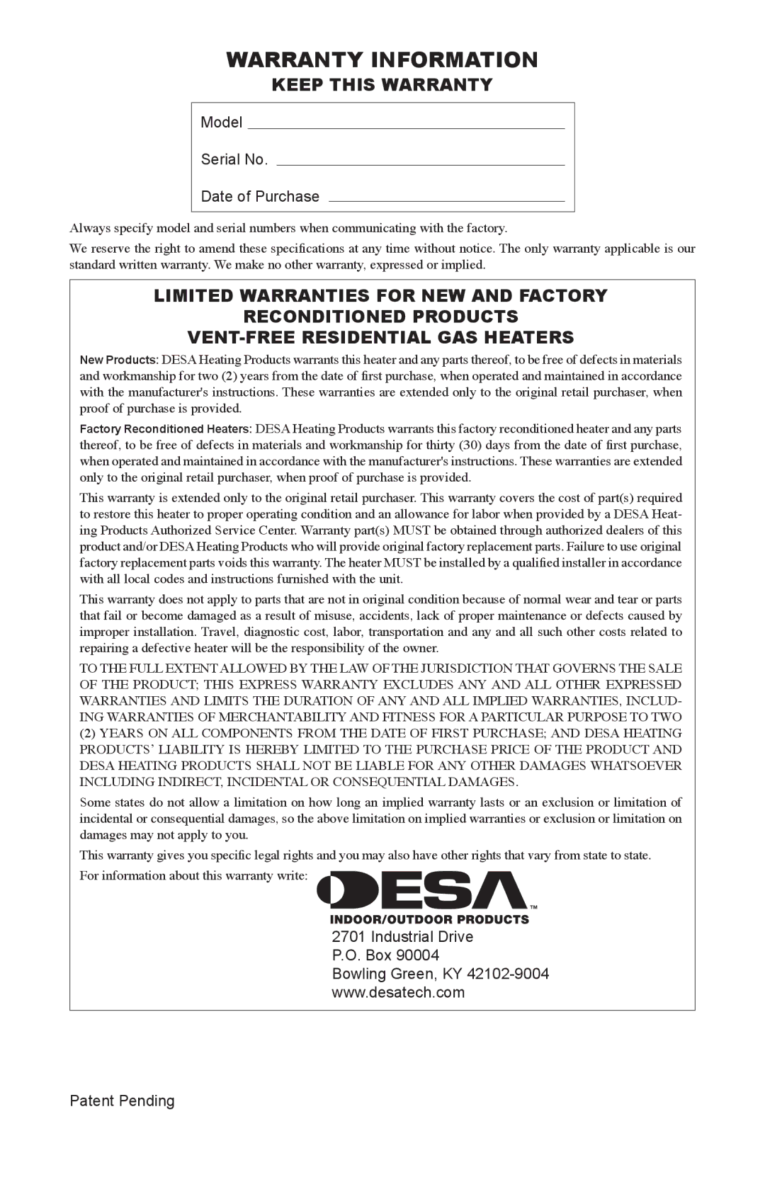 Desa VSL18PT, LSL18PT, LSL18NT, VSL18NT Warranty Information, Keep this Warranty, Model Serial No Date of Purchase 