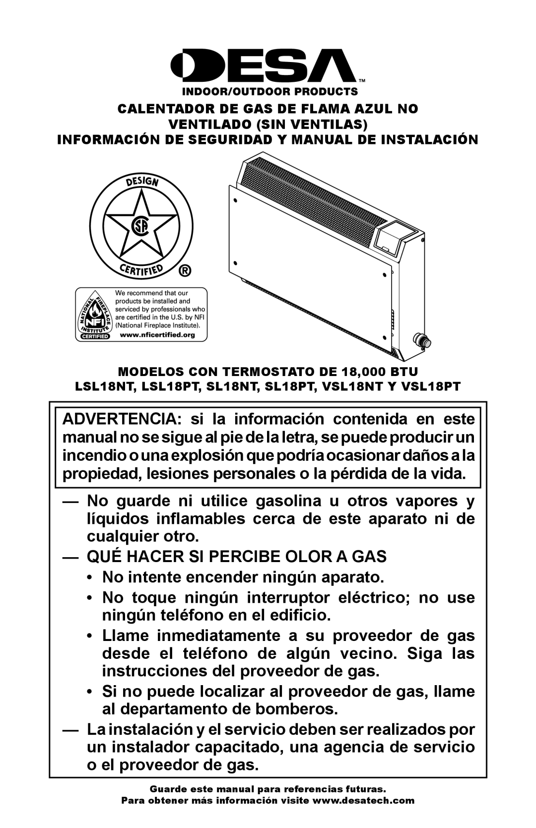 Desa VSL18NT, LSL18PT, LSL18NT, VSL18PT installation manual QUÉ Hacer SI Percibe Olor a GAS 