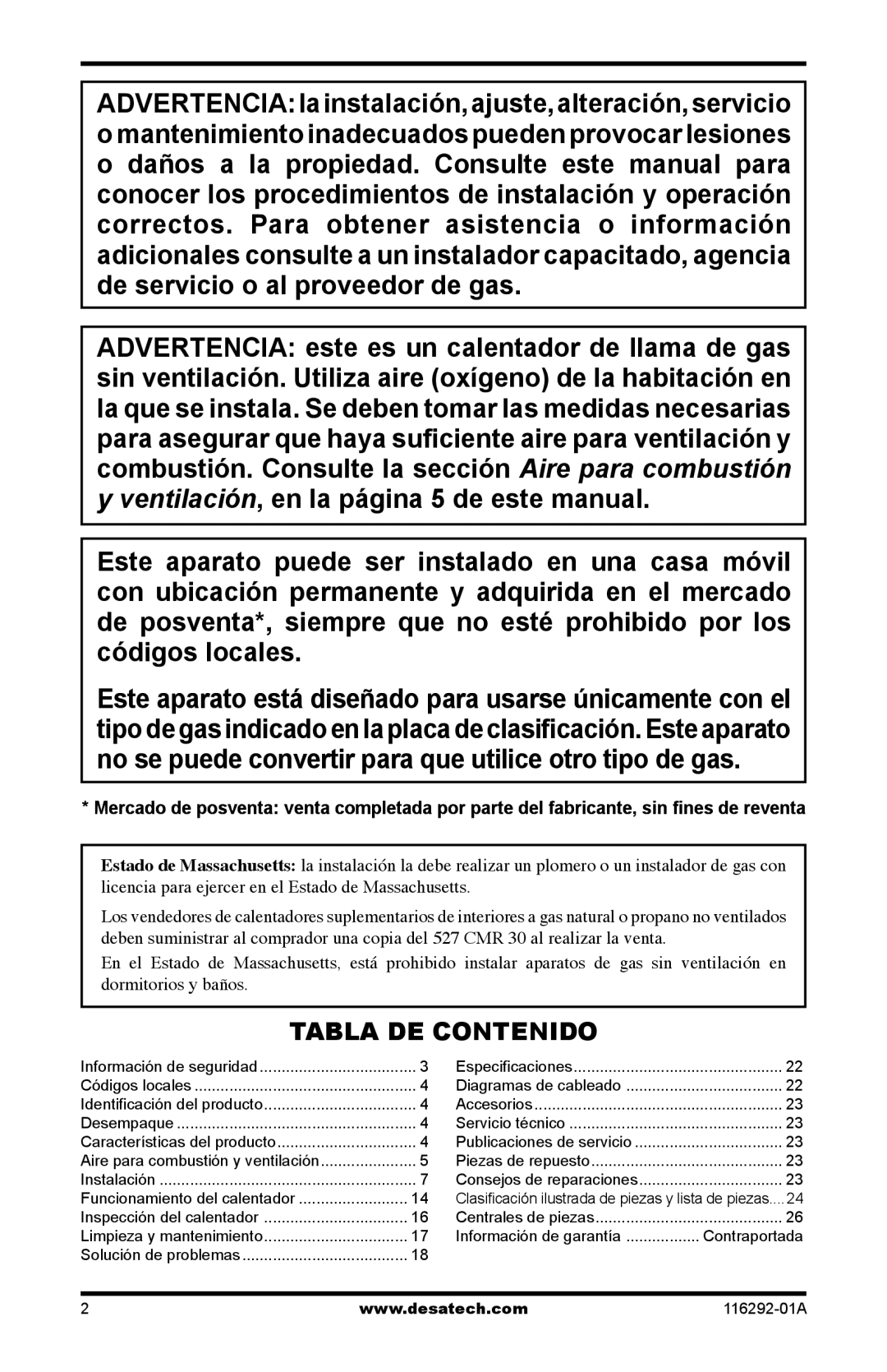 Desa LSL18PT, LSL18NT, VSL18PT, VSL18NT installation manual Tabla DE Contenido 