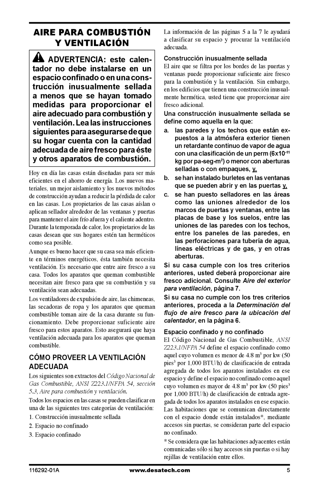 Desa SL18NT Aire Para Combustión Ventilación, Cómo Proveer LA Ventilación Adecuada, Construcción inusualmente sellada 