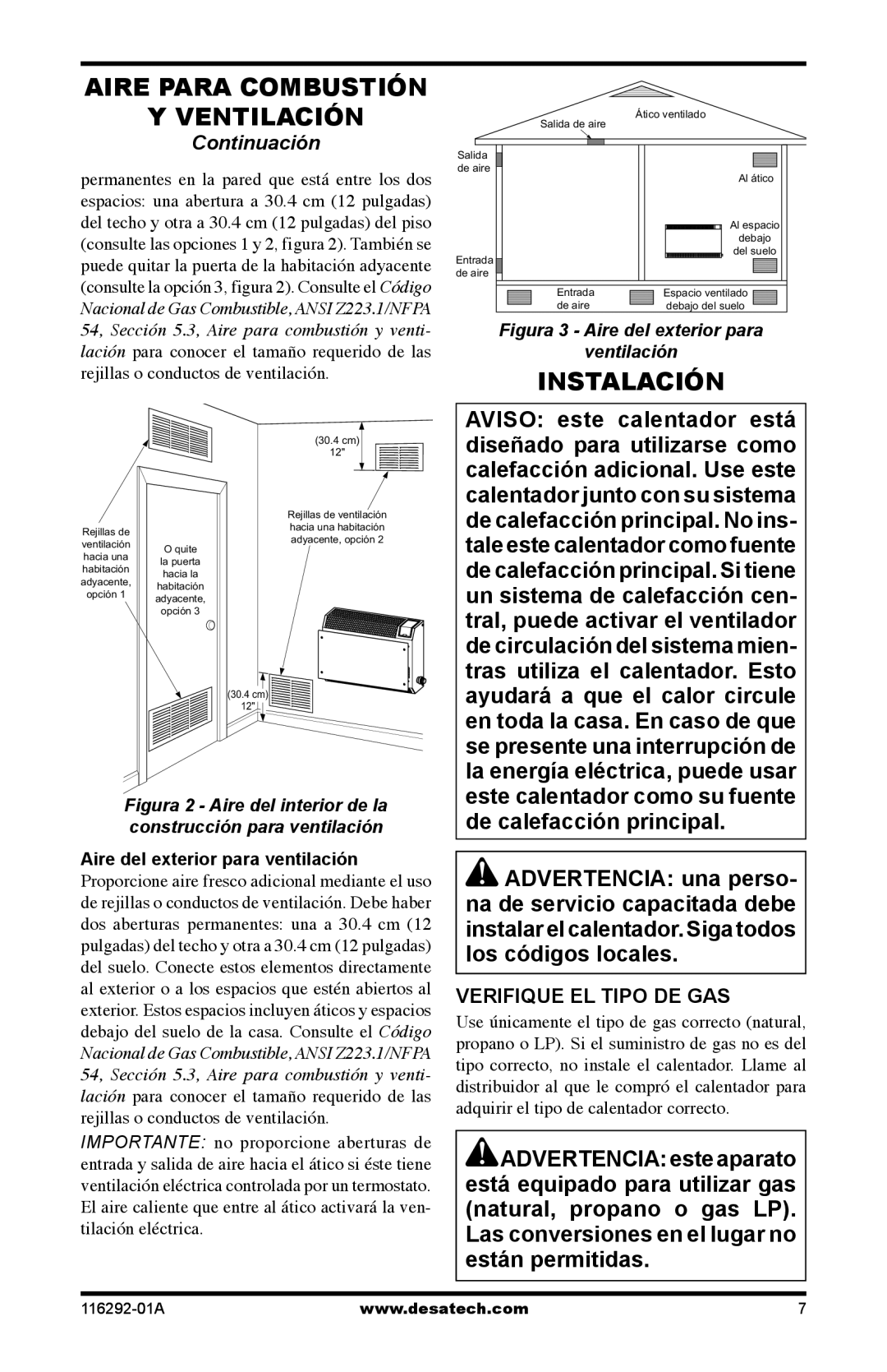 Desa VSL18NT, LSL18PT, LSL18NT, VSL18PT Instalación, Verifique EL Tipo DE GAS, Aire del exterior para ventilación 