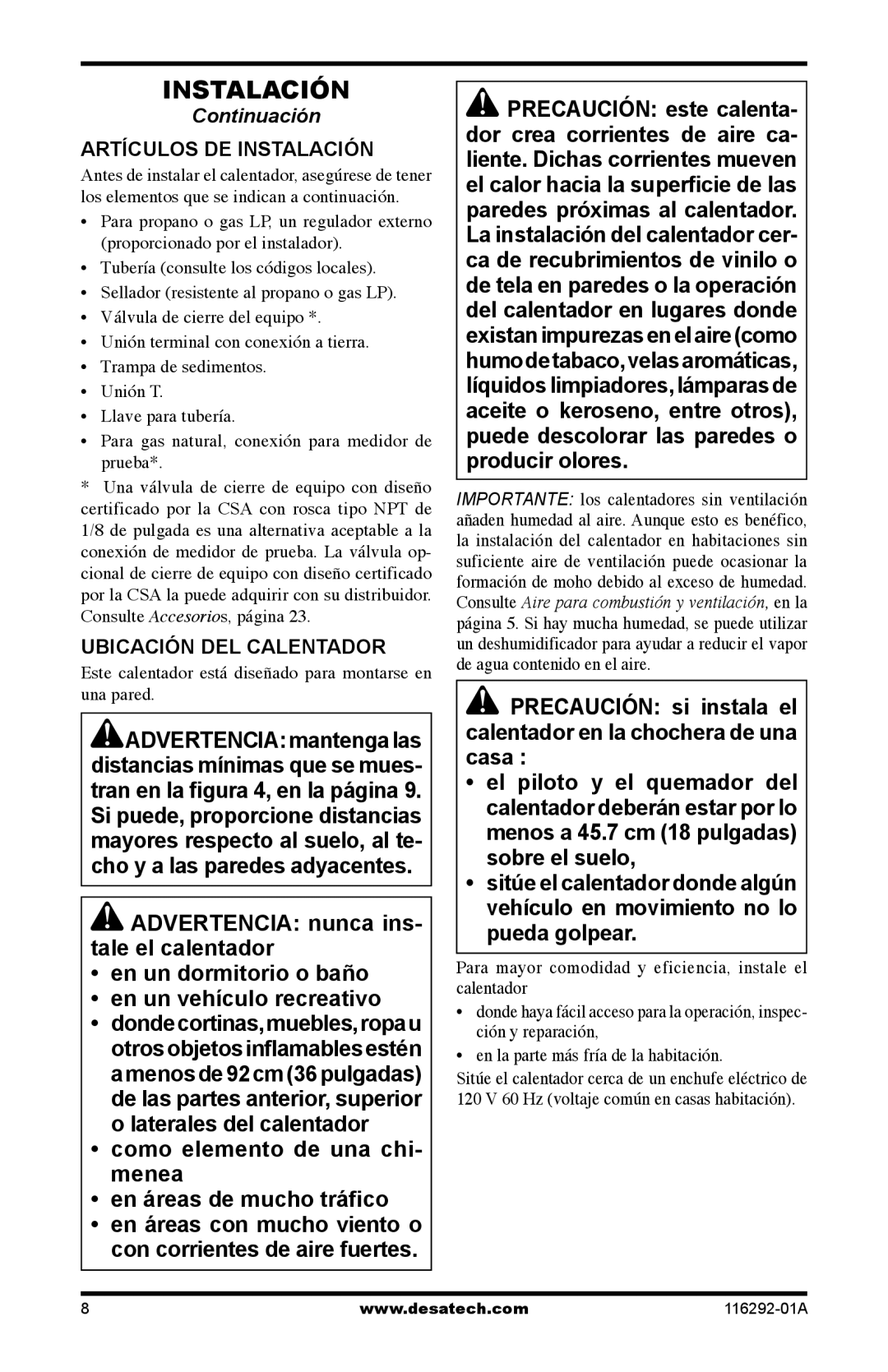 Desa LSL18PT Artículos DE Instalación, Ubicación DEL Calentador, Este calentador está diseñado para montarse en una pared 