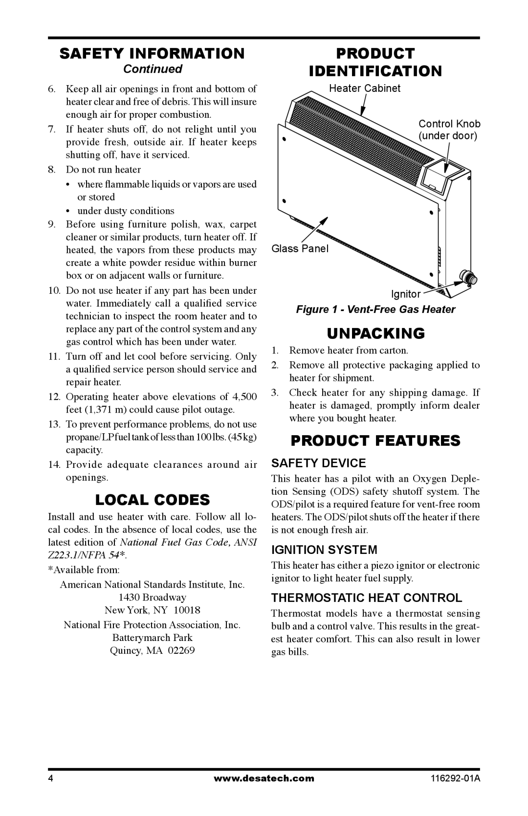 Desa VSL18PT, LSL18PT, LSL18NT, VSL18NT installation manual Local Codes, Product Identification, Unpacking, Product Features 