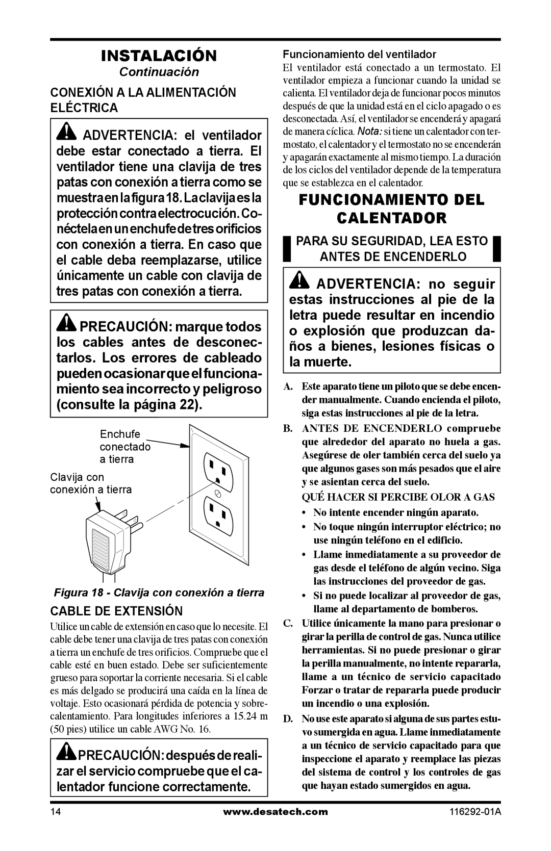 Desa LSL18PT, LSL18NT, VSL18PT Funcionamiento DEL Calentador, Conexión a LA Alimentación Eléctrica, Cable DE Extensión 