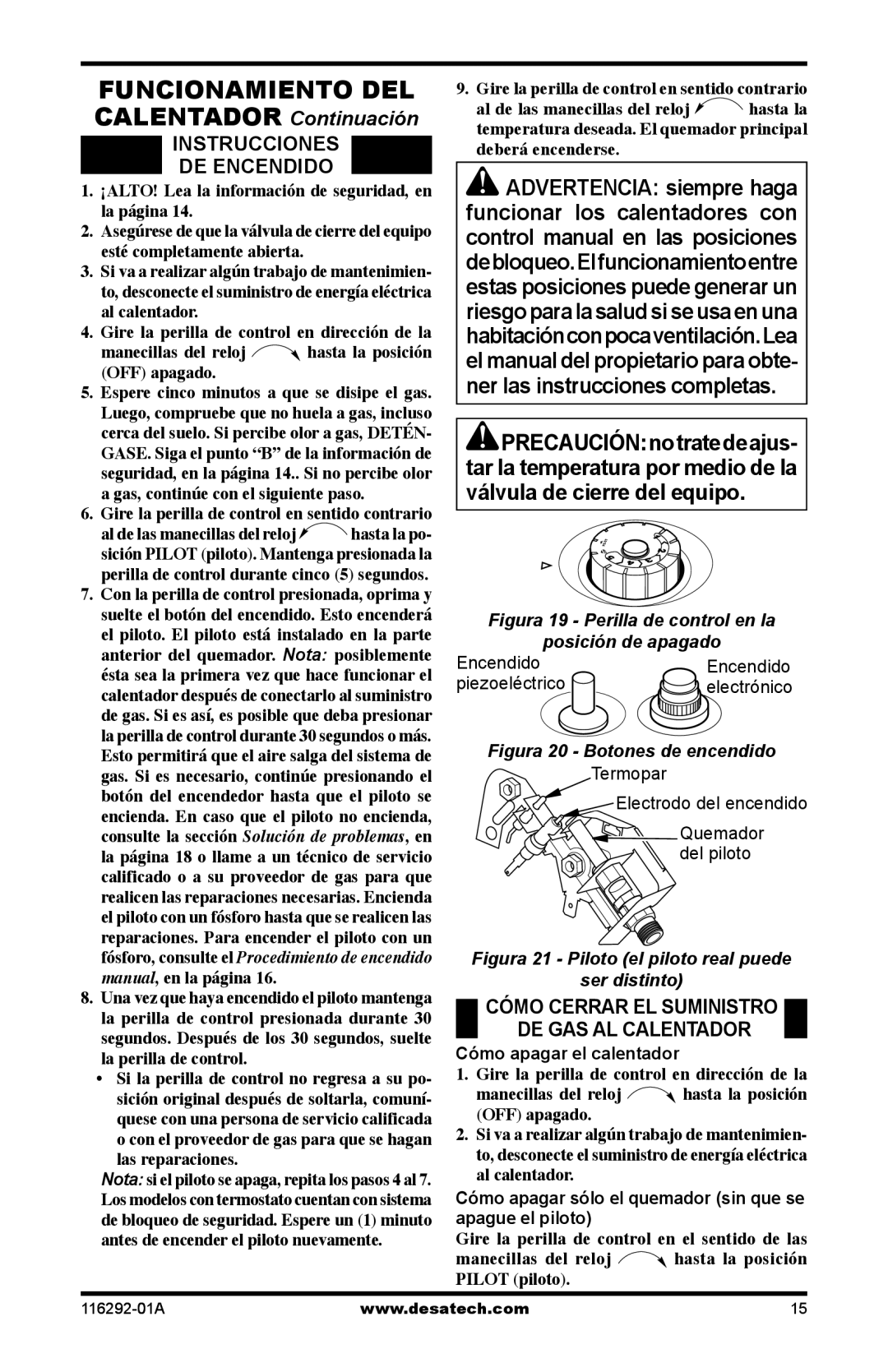 Desa LSL18NT, LSL18PT, VSL18PT, VSL18NT installation manual Funcionamiento DEL, Instrucciones DE Encendido, Apague el piloto 