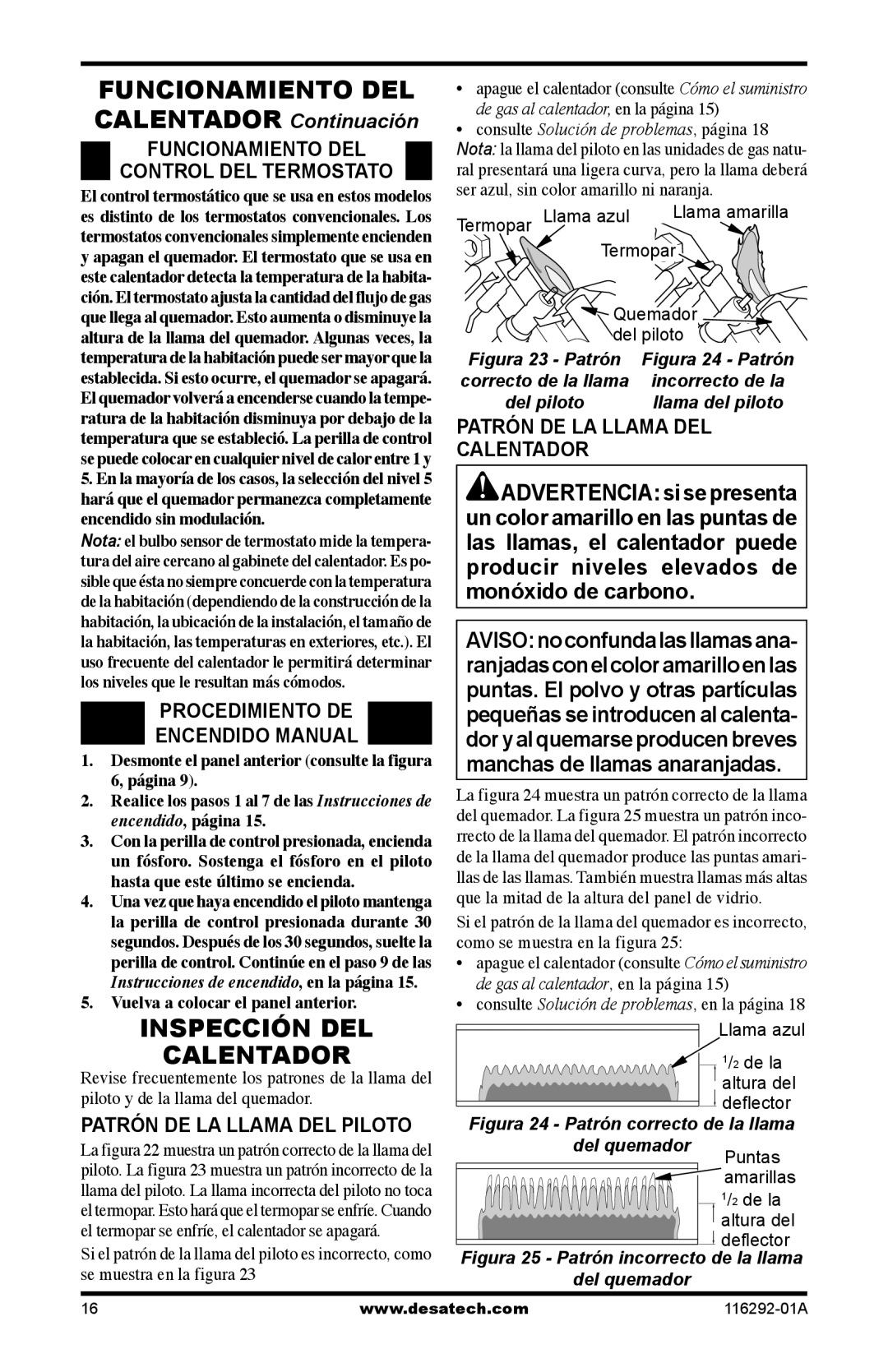 Desa LSL18PT, LSL18NT Funcionamiento DEL, Patrón DE LA Llama DEL, Calentador, Procedimiento DE, Encendido Manual 