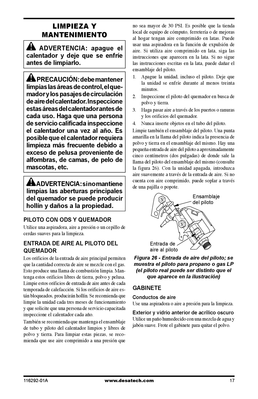 Desa SL18NT, LSL18PT Limpieza Y Mantenimiento, Piloto CON ODS Y Quemador, Entrada DE Aire AL Piloto DEL Quemador, Gabinete 