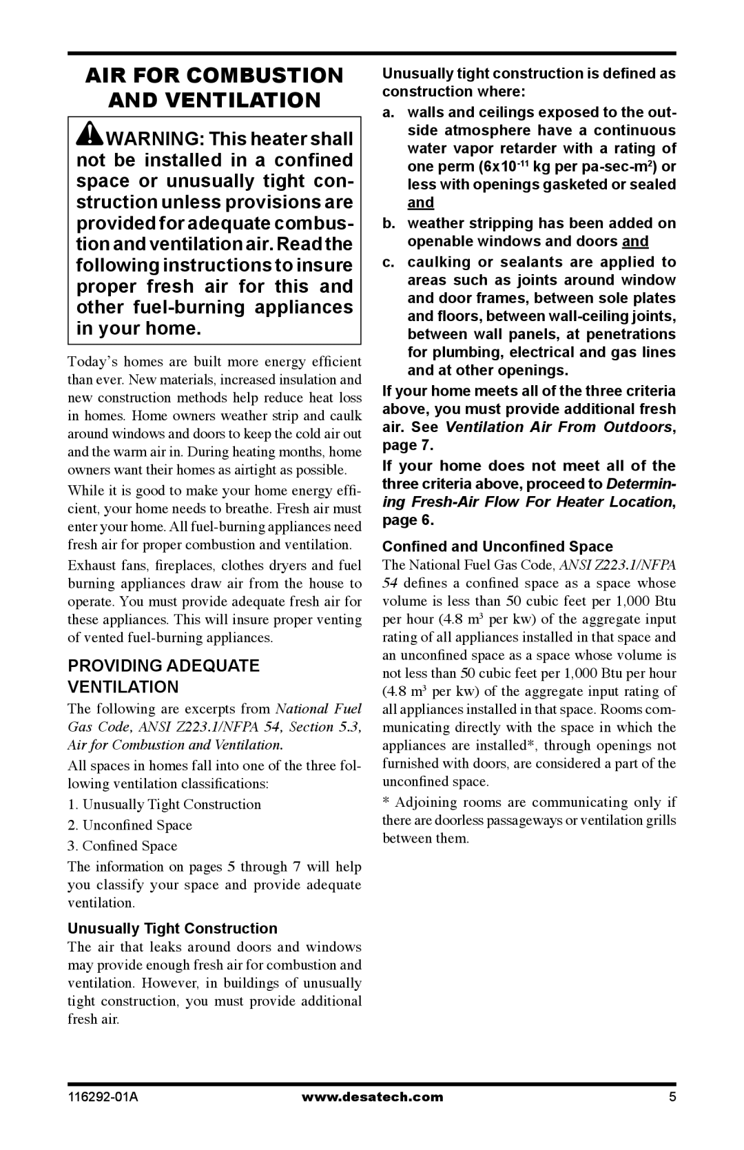 Desa VSL18NT AIR for Combustion Ventilation, Providing Adequate Ventilation, Following are excerpts from National Fuel 