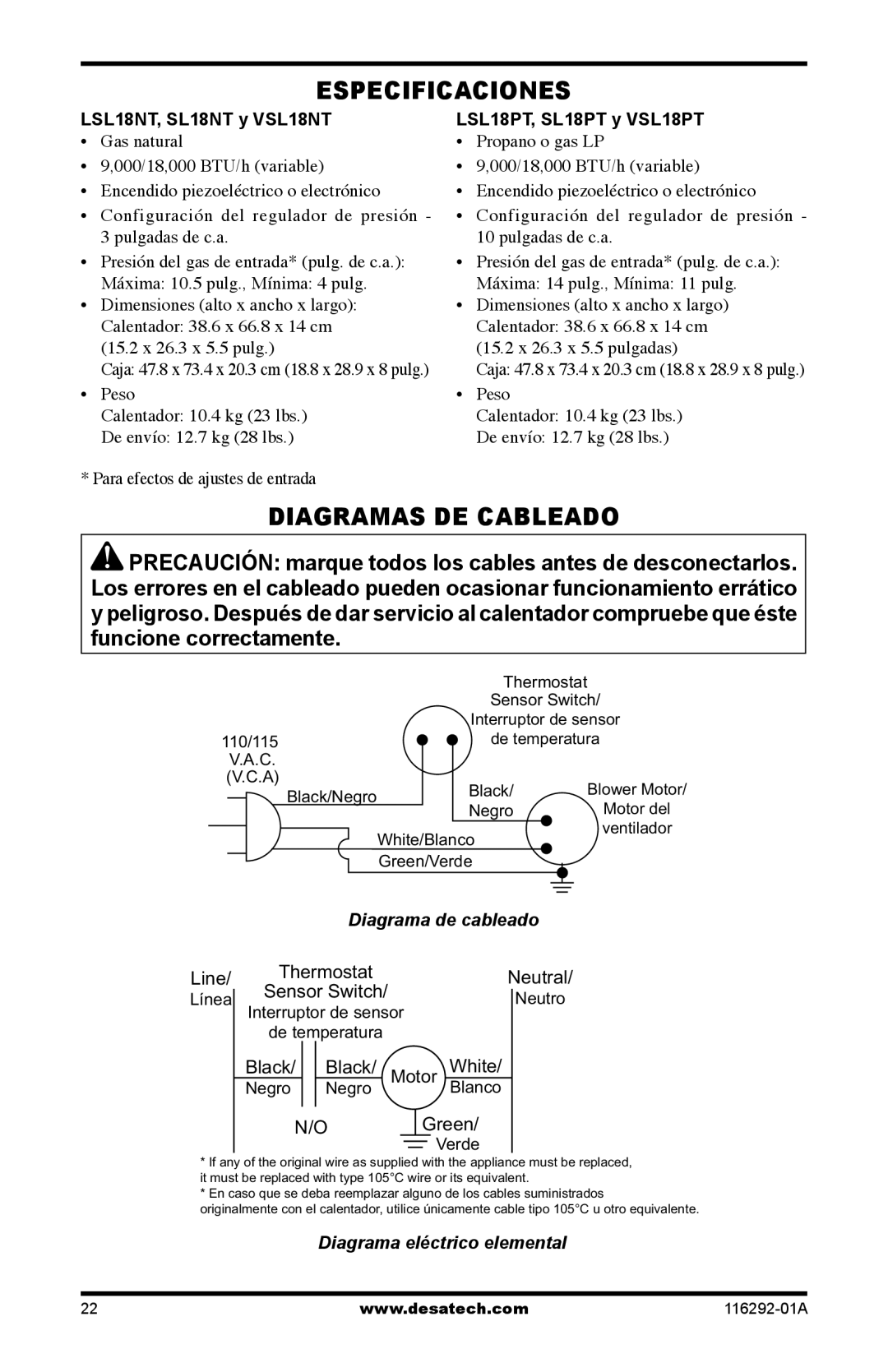 Desa installation manual Especificaciones, Diagramas DE Cableado, LSL18NT, SL18NT y VSL18NT, LSL18PT, SL18PT y VSL18PT 