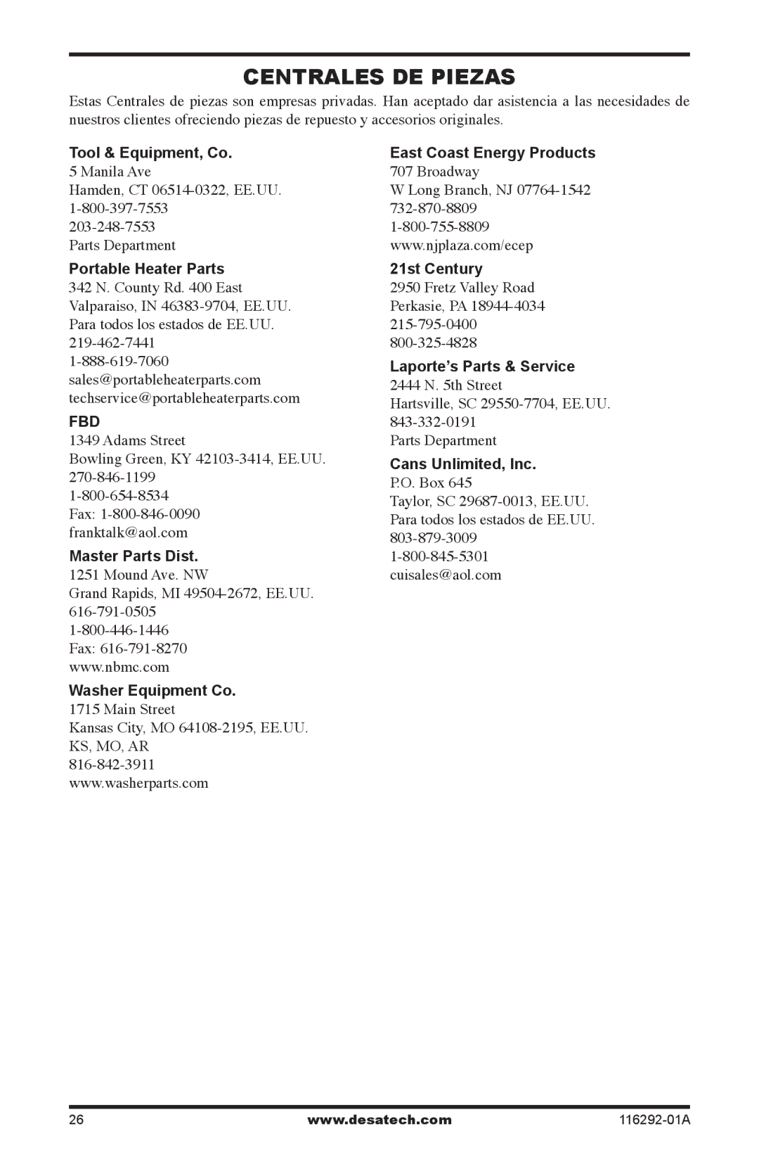 Desa LSL18PT, LSL18NT, VSL18PT, VSL18NT installation manual Centrales DE Piezas, Laporte’s Parts & Service 2444 N th Street 