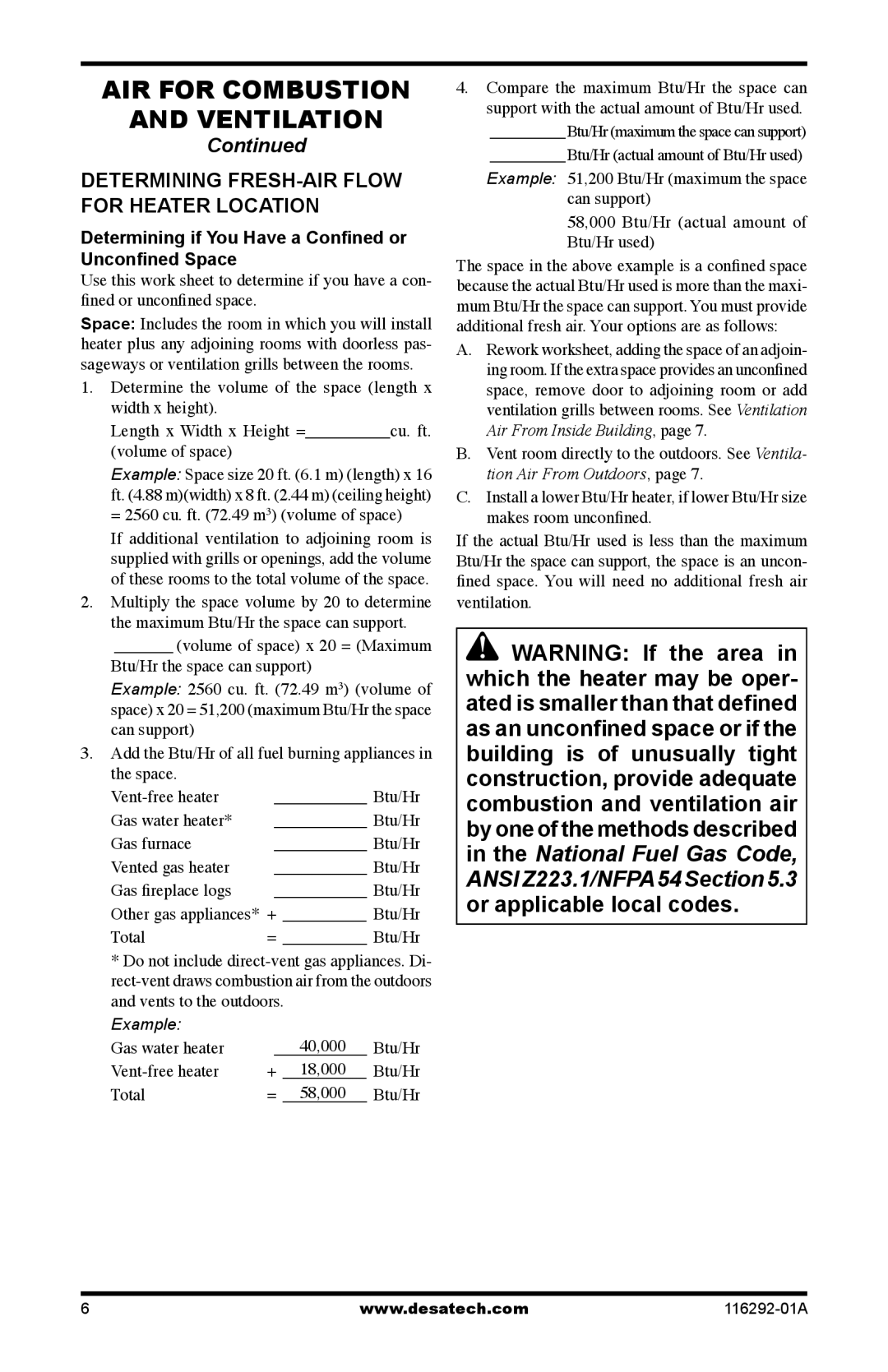 Desa LSL18PT, LSL18NT Determining FRESH-AIR Flow for Heater Location, Determining if You Have a Conﬁned or Unconﬁned Space 