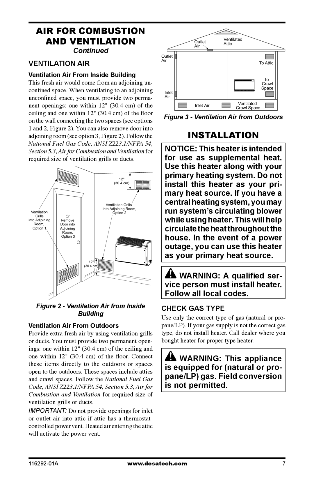 Desa LSL18NT, LSL18PT, VSL18PT, VSL18NT Installation, Ventilation AIR, Check GAS Type, Ventilation Air From Inside Building 