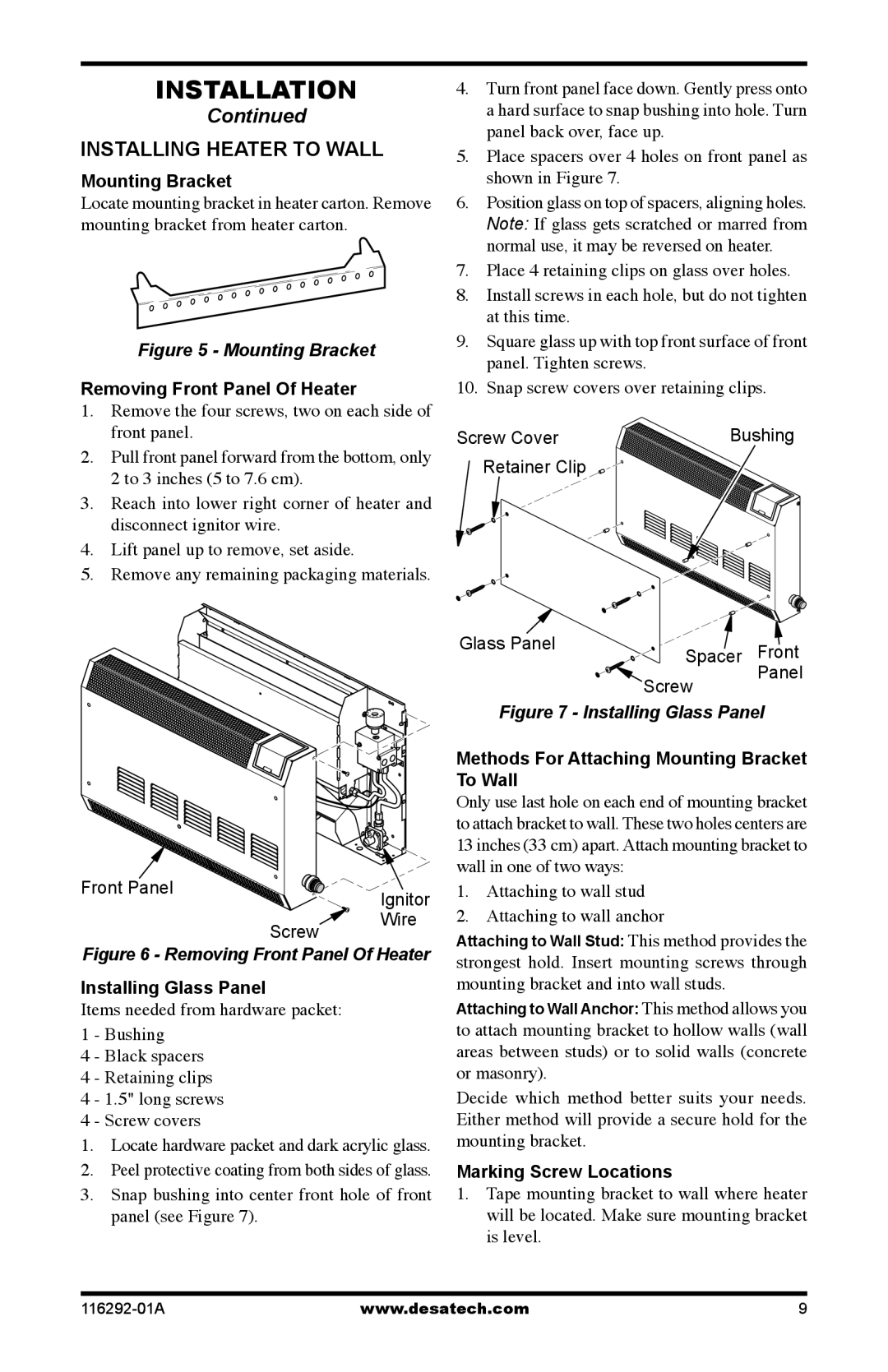 Desa LSL18PT, LSL18NT, VSL18PT, VSL18NT installation manual Installing Heater to Wall 