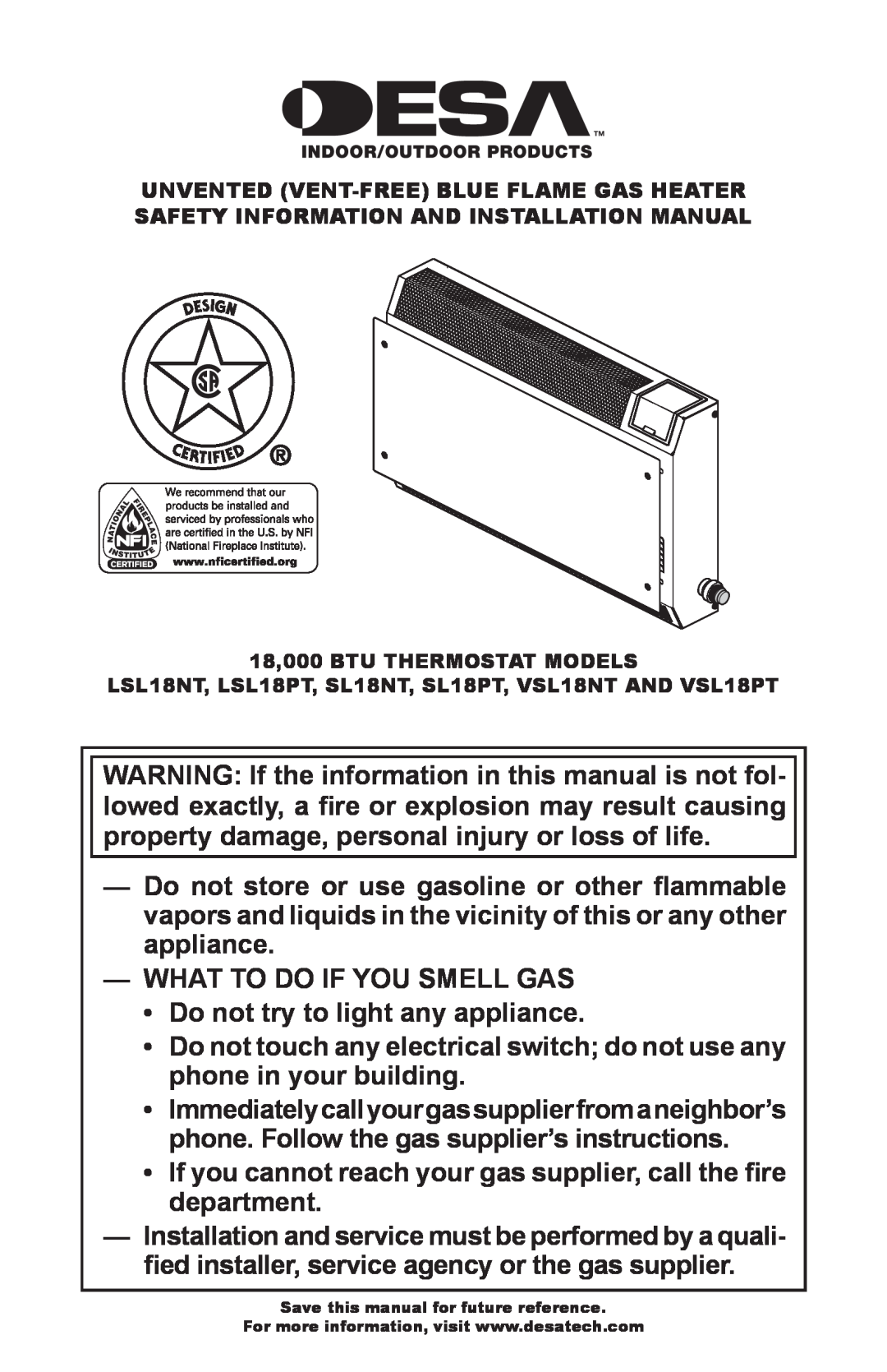 Desa LSL18NT, LSL18PT, VSL18PT, VSL18NT installation manual What To Do If You Smell Gas 