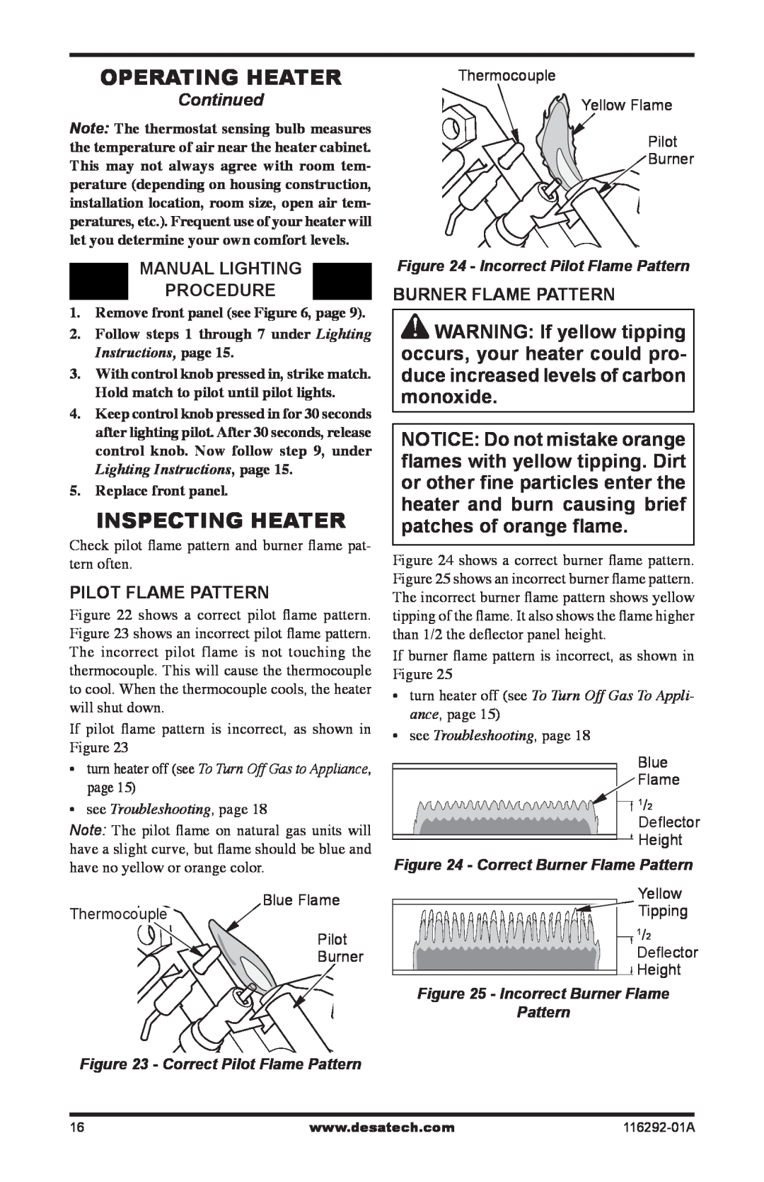 Desa VSL18PT Operating Heater, Inspecting Heater, Manual Lighting Procedure, Burner Flame Pattern, Pilot Flame Pattern 